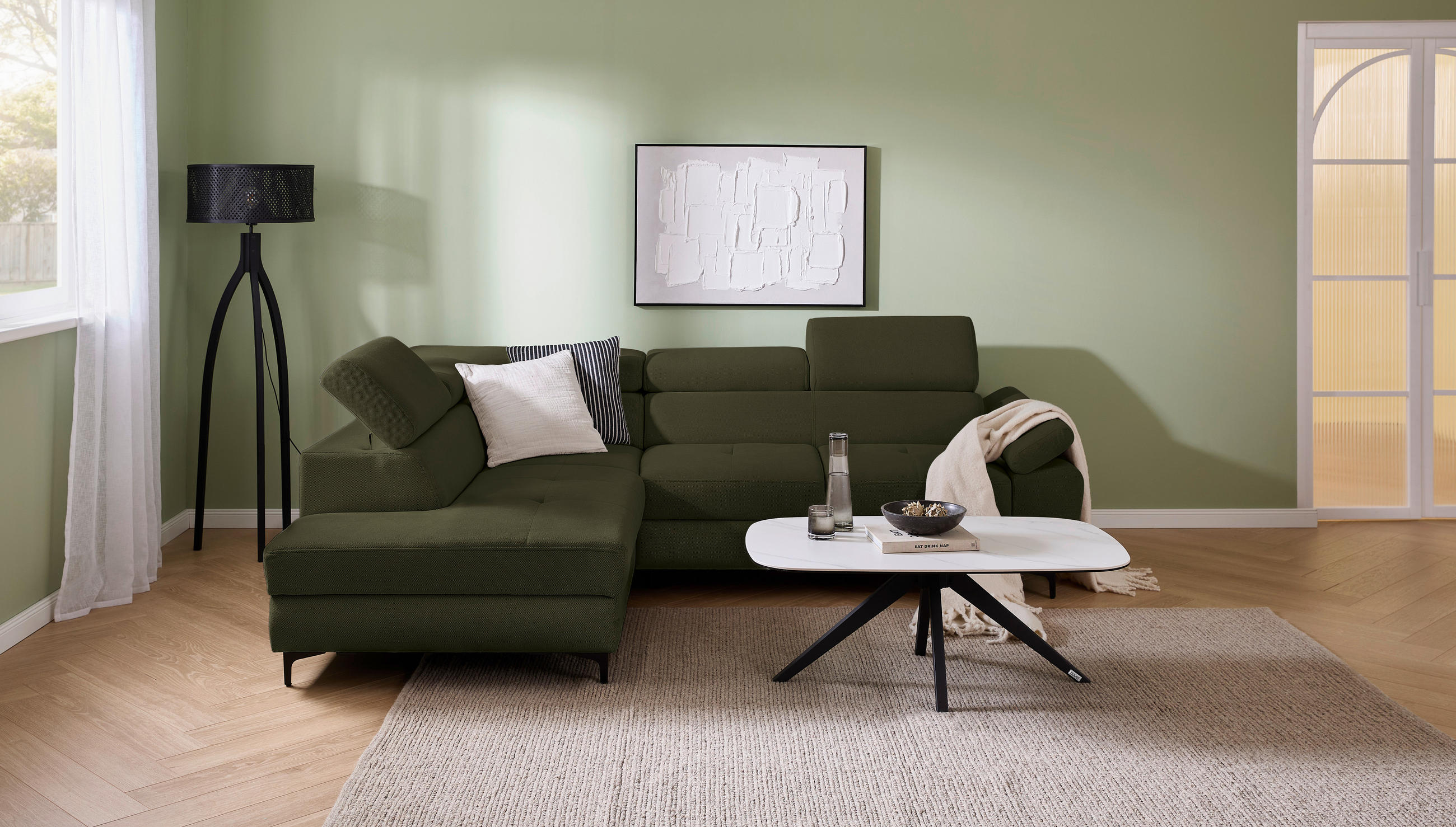 Thumbnail - Stylife Ecksofa Combo, Dunkelgrün, Textil, Ottomane links, L-Form, 266x206 cm, Made in EU, Liegefunktion, Rücken echt, W...