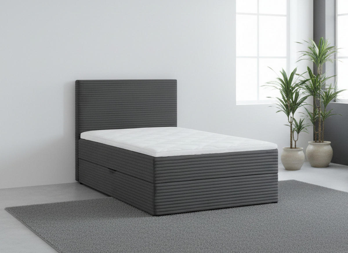 BOXBETT 120/200 cm,  in Grau, Matratze, Bettkasten, Topper, H3 = fest  - Schwarz/Grau, Trend, Kunststoff/Textil (120/200cm) - Boxxx