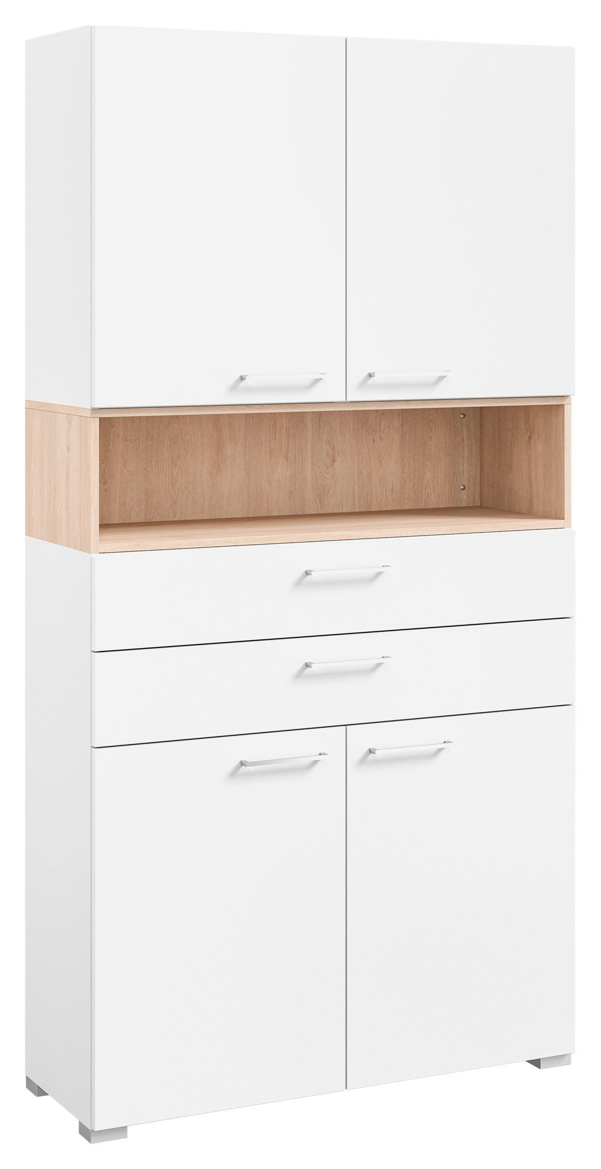 DREHTÜRENSCHRANK 100/213,6/41,9 cm,  in Weiß, Eichefarben, 4-türig  - Edelstahlfarben/Eichefarben, Basics, Holzwerkstoff/Metall (100/213,6/41,9cm) - Cantus