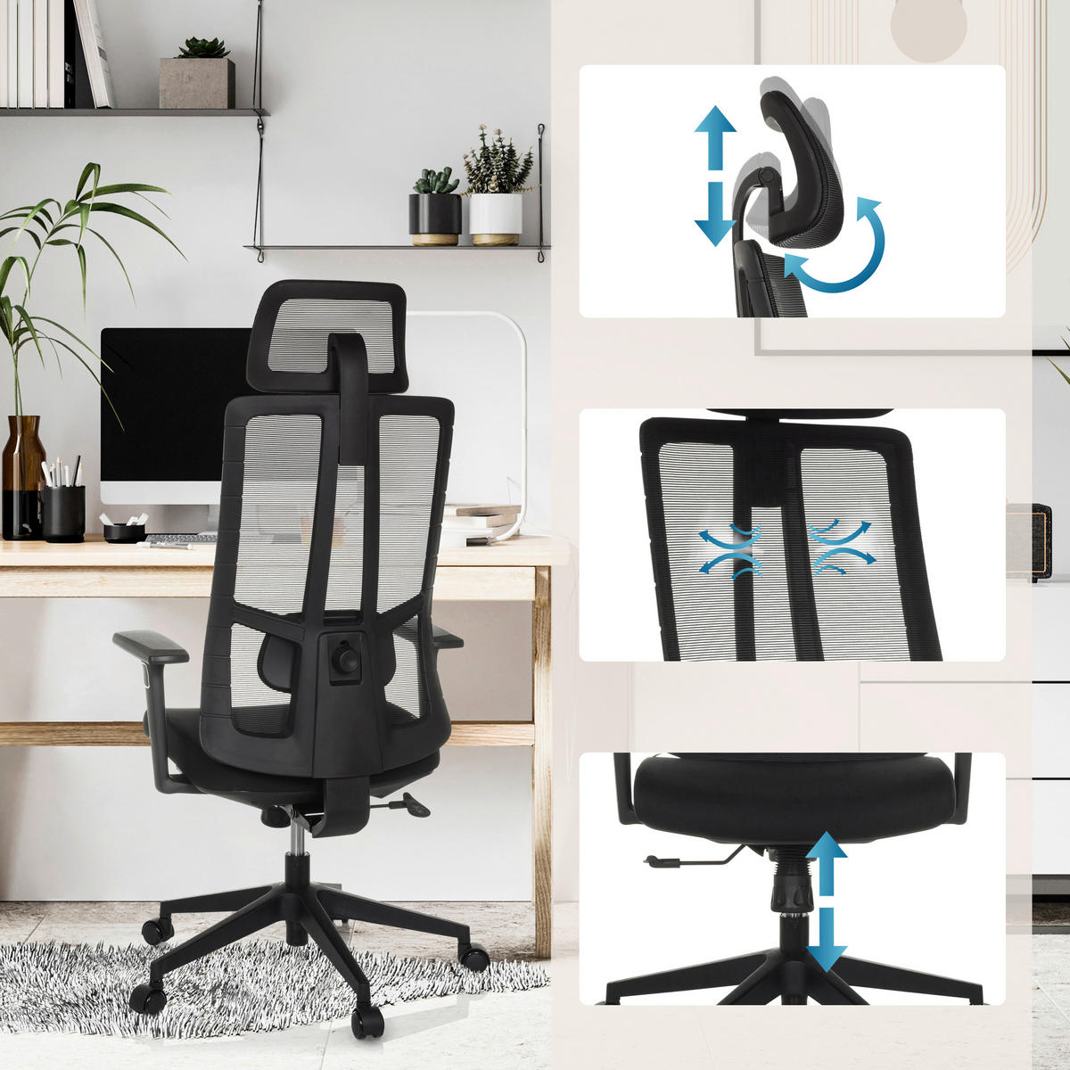 OTOČNÁ ŽIDLE, síťovina, černá - černá, Moderní, textil/plast (67/118 - 133/60cm) - MID.YOU