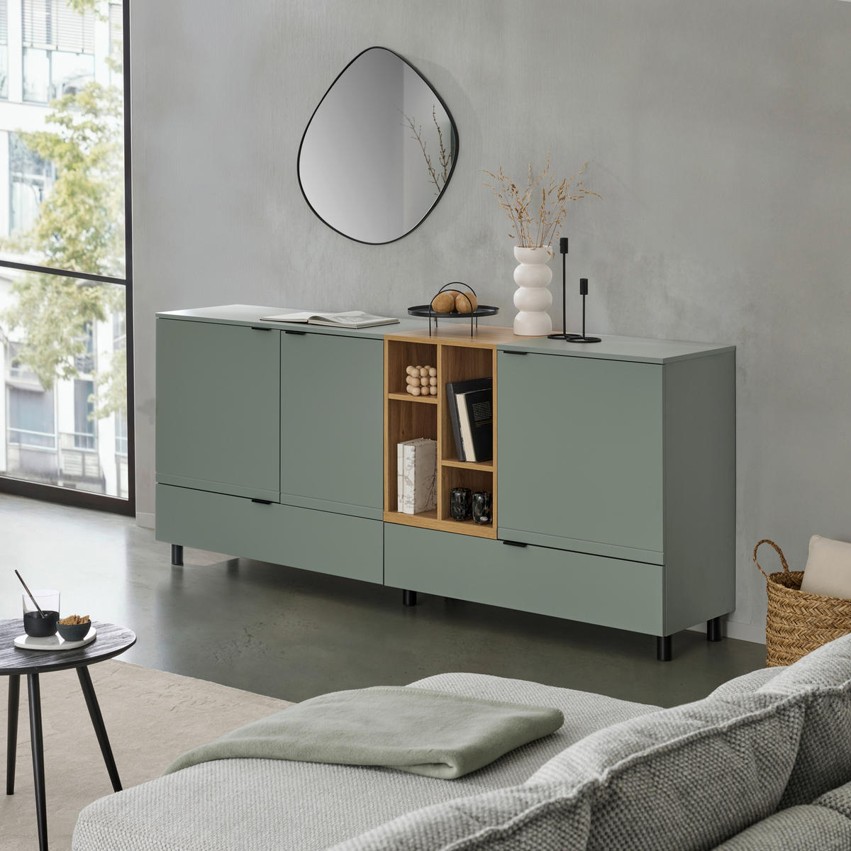 SIDEBOARD Eichefarben, Salbeigrün  210,4/89,4/42 cm  - Eichefarben/Salbeigrün, Modern, Holzwerkstoff/Metall (210,4/89,4/42cm) - Carryhome