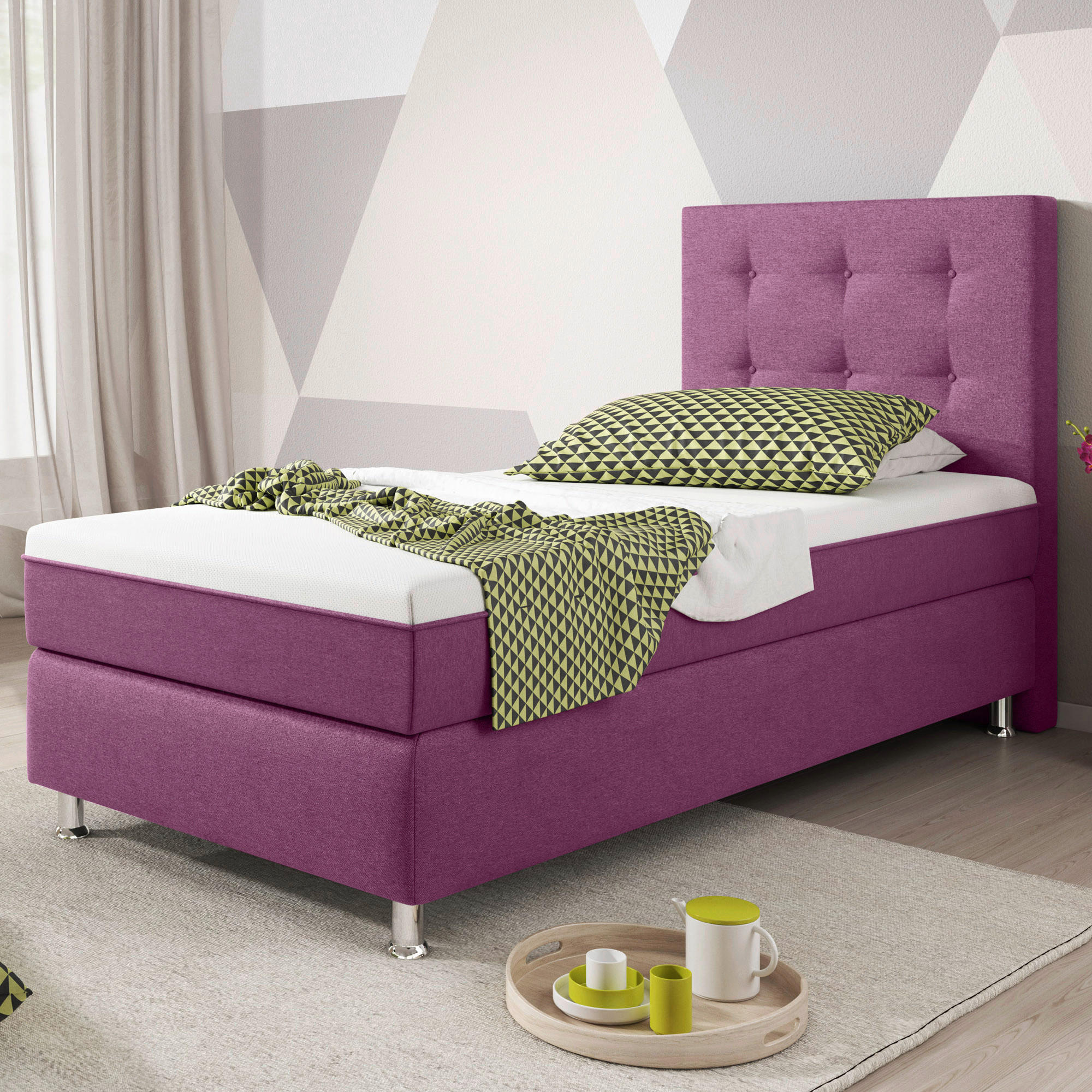 BOXSPRINGBETT 90/200 cm  in Pink  - Pink/Silberfarben, KONVENTIONELL, Textil/Metall (90/200cm) - MID.YOU