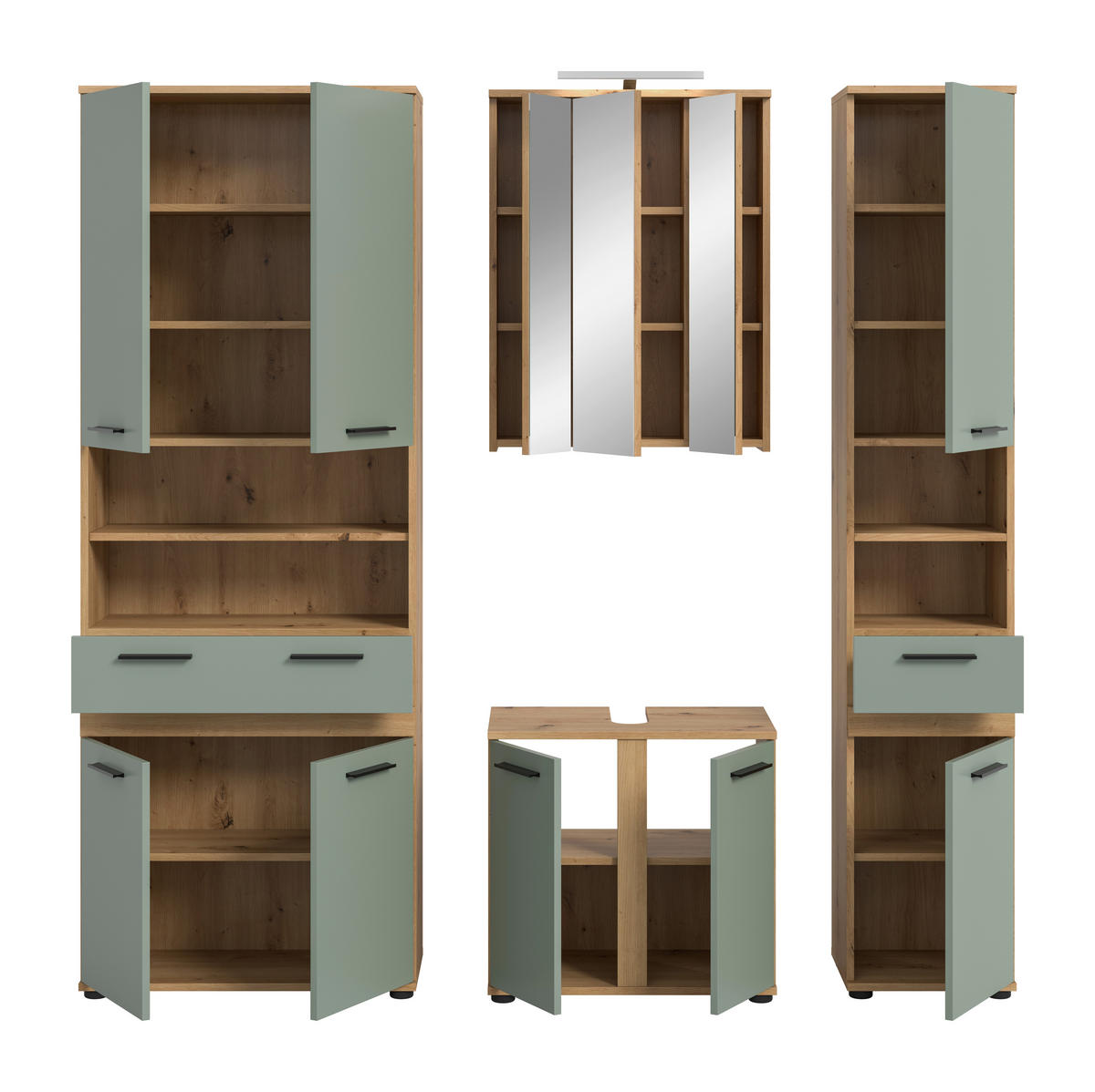 BADEZIMMER 5-teilig  in 195 cm  - Salbeigrün/Schwarz, Trend, Glas/Holzwerkstoff (195cm) - MID.YOU