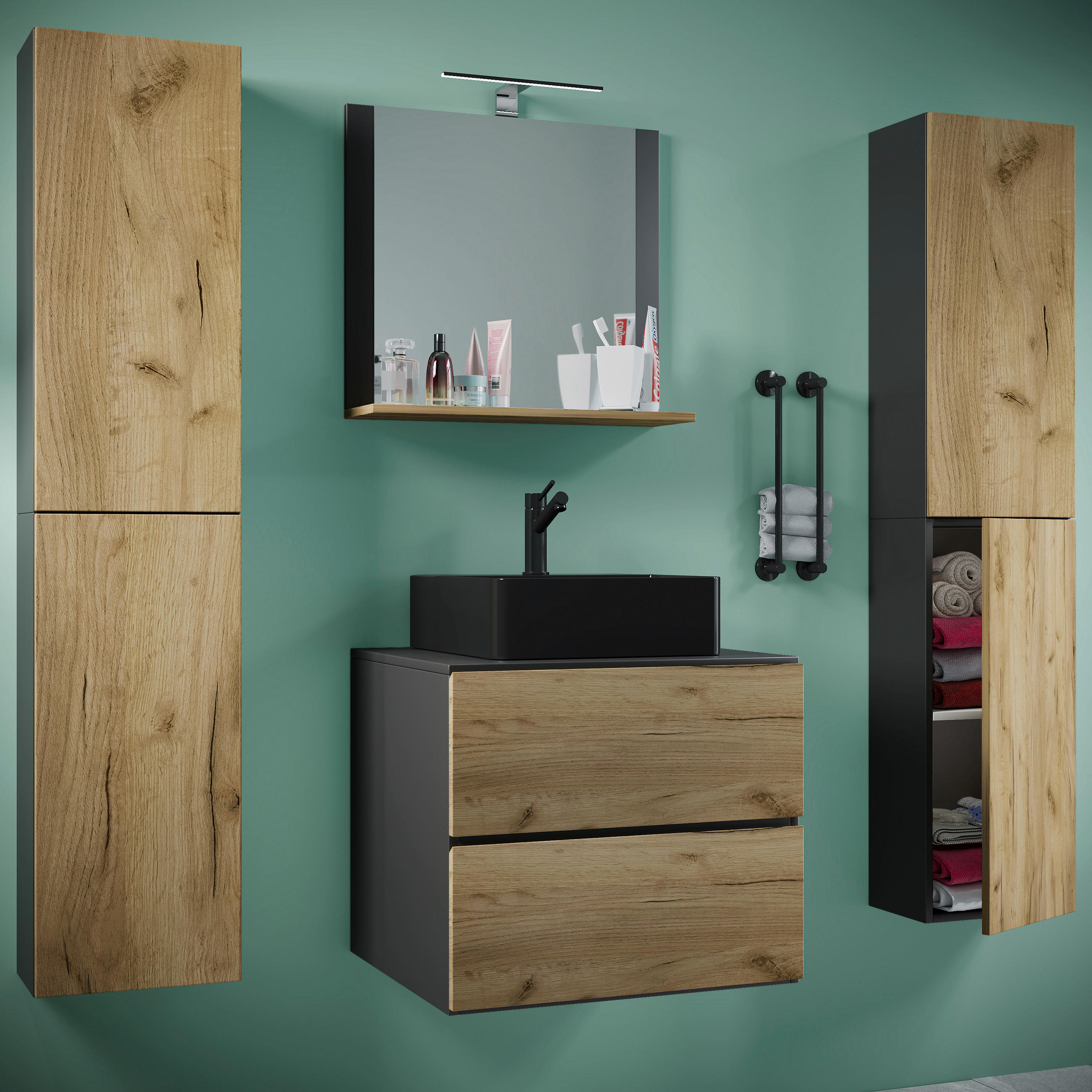 BADEZIMMER 5-teilig  in 127 cm  - Honigeiche/Anthrazit, MODERN, Glas/Keramik (127cm) - MID.YOU