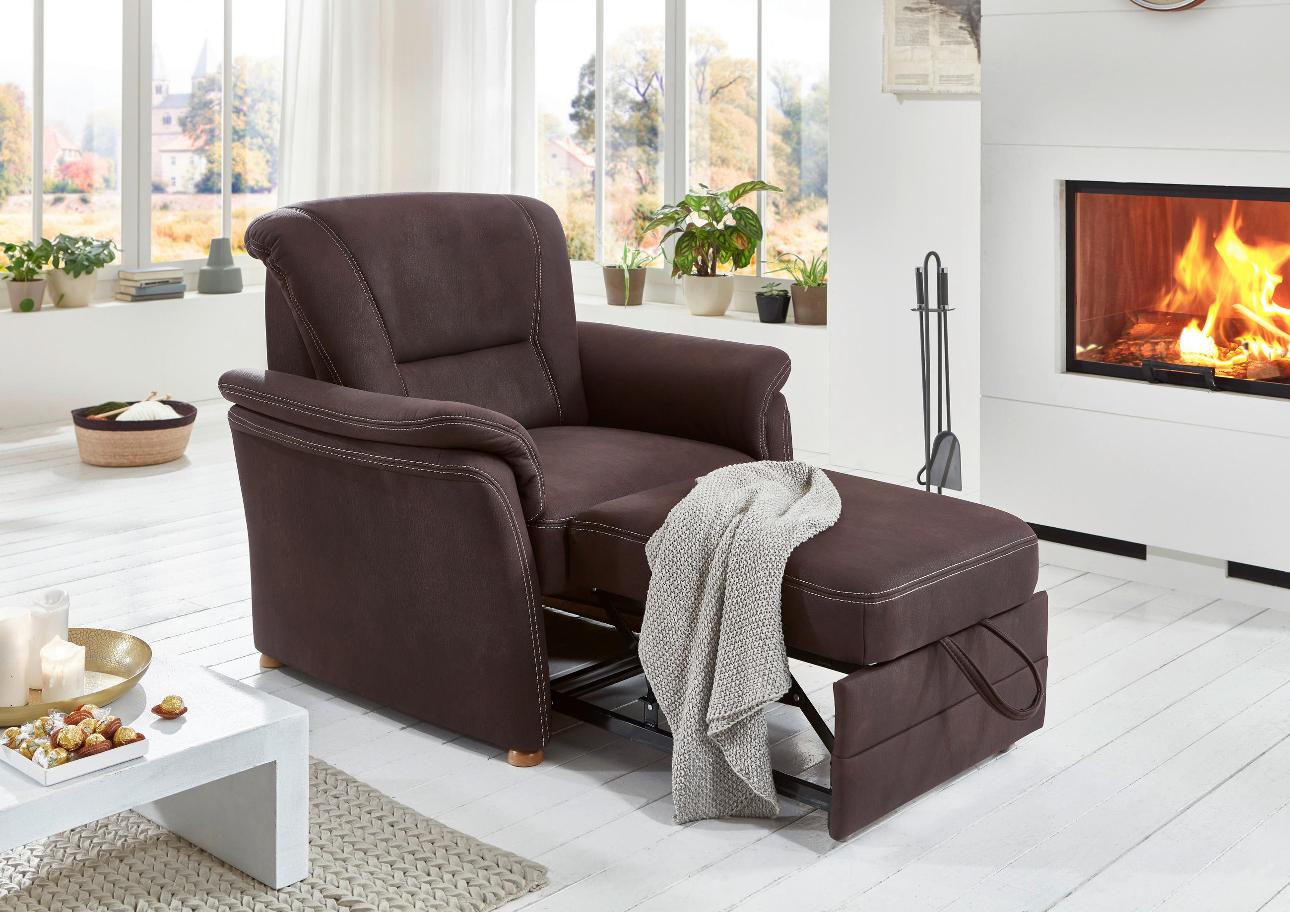 SESSEL inkl. Auszieh-Hocker Mikrofaser Dunkelbraun    - Eiche Bianco/Dunkelbraun, KONVENTIONELL, Holz/Textil (101/96/92cm) - Carryhome