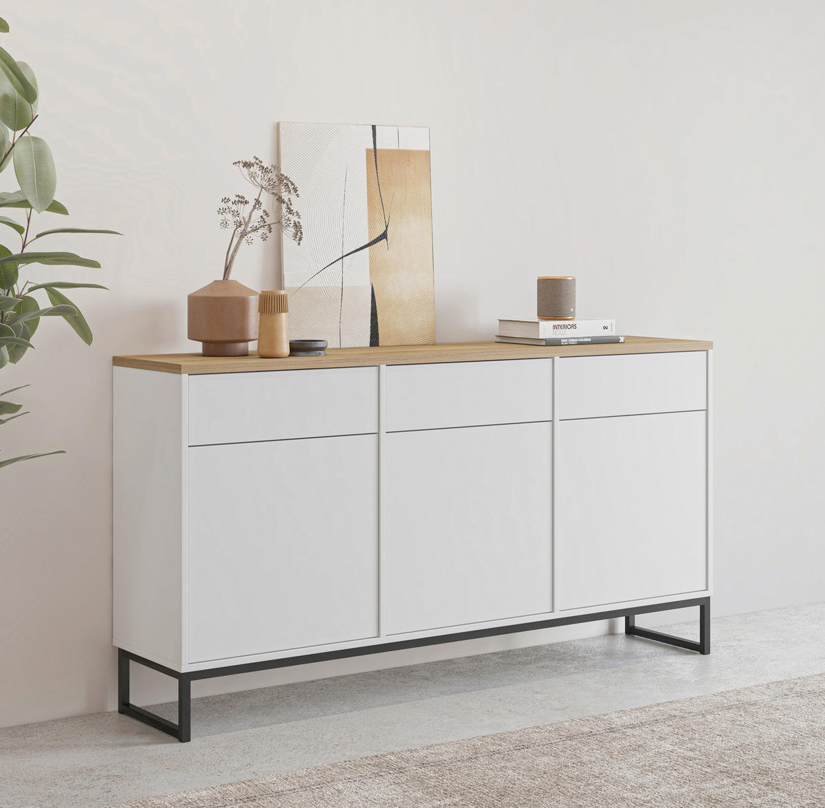 SIDEBOARD Alto 156,8/84,1/36,5 cm 3 Schublade(n)  - Weiss/Eichefarben, Design, Holzwerkstoff/Metall (156,8/84,1/36,5cm) - MID.YOU