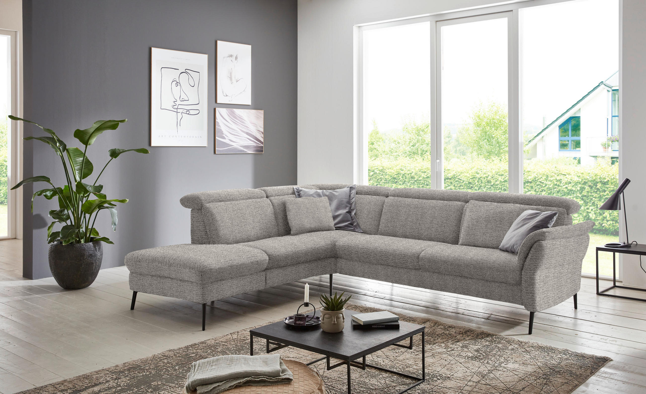 ECKSOFA in Struktur Hellgrau  235/275 cm  - Hellgrau/Schwarz, MODERN, Textil/Metall (235/275cm) - Cantus