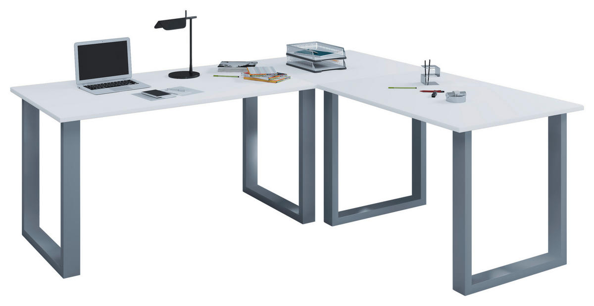 ECKSCHREIBTISCH 160/130/76 cm Weiss, Silberfarben  - Weiss/Silberfarben, Modern, Holzwerkstoff/Metall (160/130/76cm) - MID.YOU