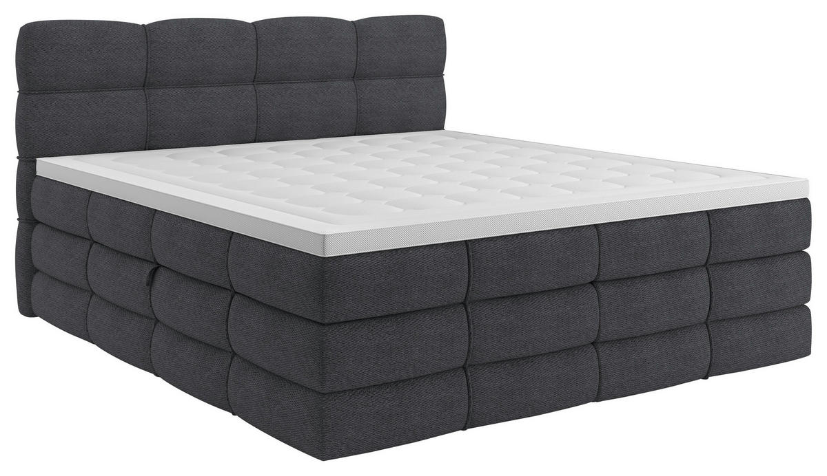 BOXSPRINGBETT 180/200 cm,  in Dunkelgrau, gepolstertes Kopfteil, Bettkasten, Topper, Matratzen, H3 + H3 = fest  - Dunkelgrau/Schwarz, Design, Kunststoff/Textil (180/200cm) - Chameo