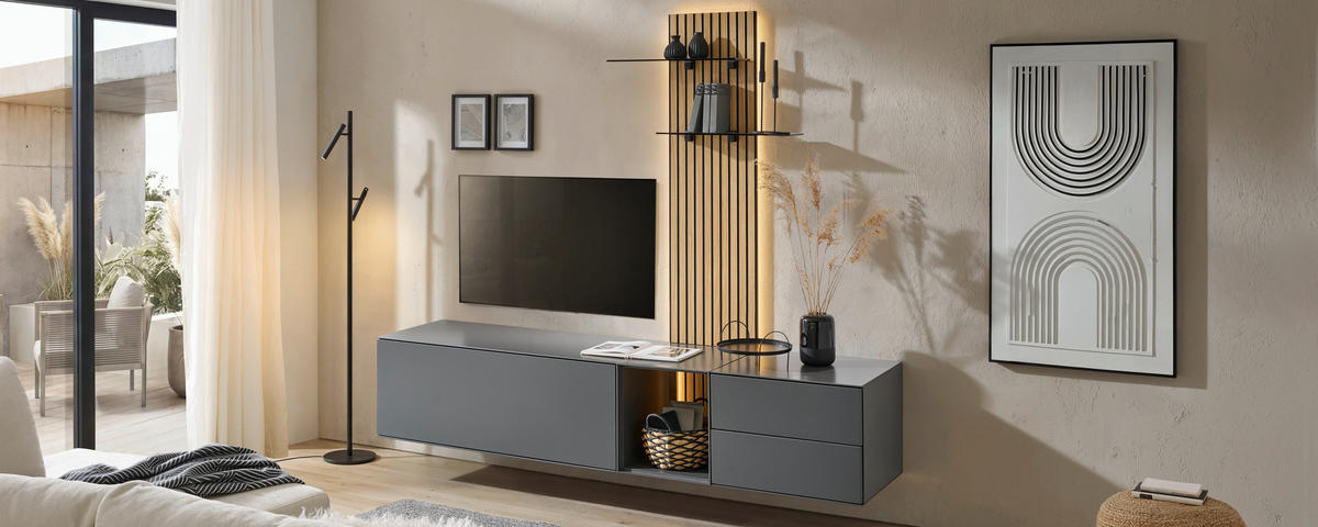 WOHNWAND  in Anthrazit, Eichefarben  221/160/50 cm  - Eichefarben/Anthrazit, Design, Glas/Holz (221/160/50cm) - Dieter Knoll