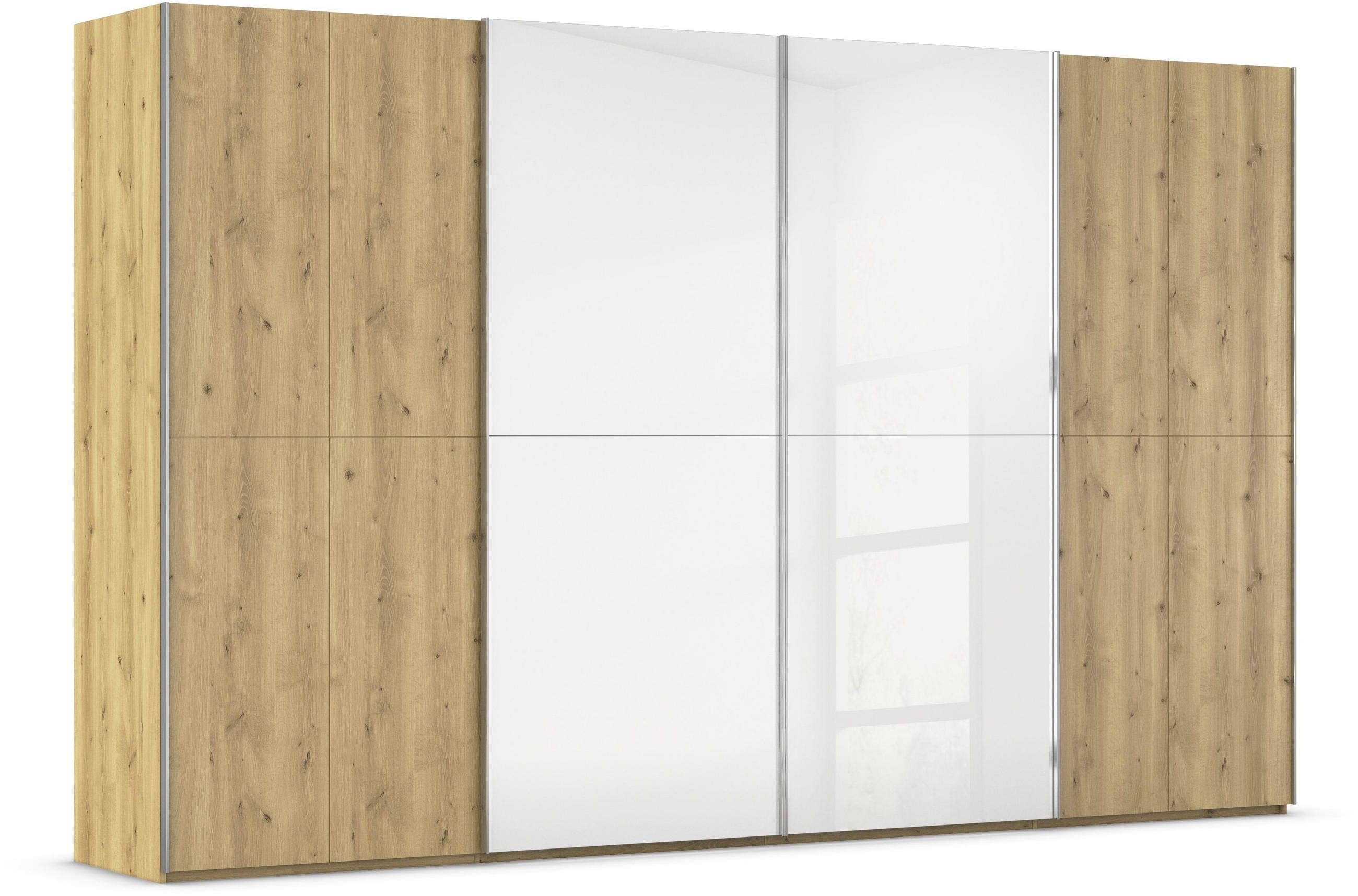 SCHWEBETÜRENSCHRANK 360/223/68 cm 4-türig Weiß, Eichefarben, Chromfarben  - Chromfarben/Eichefarben, Design, Glas/Holz (360/223/68cm) - Novel