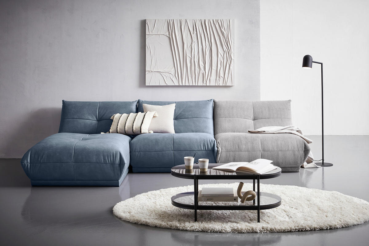 ECKSOFA in Cord, Lederlook Grau, Blaugrau  - Blaugrau/Grau, Trend, Textil (185/315cm) - Livetastic