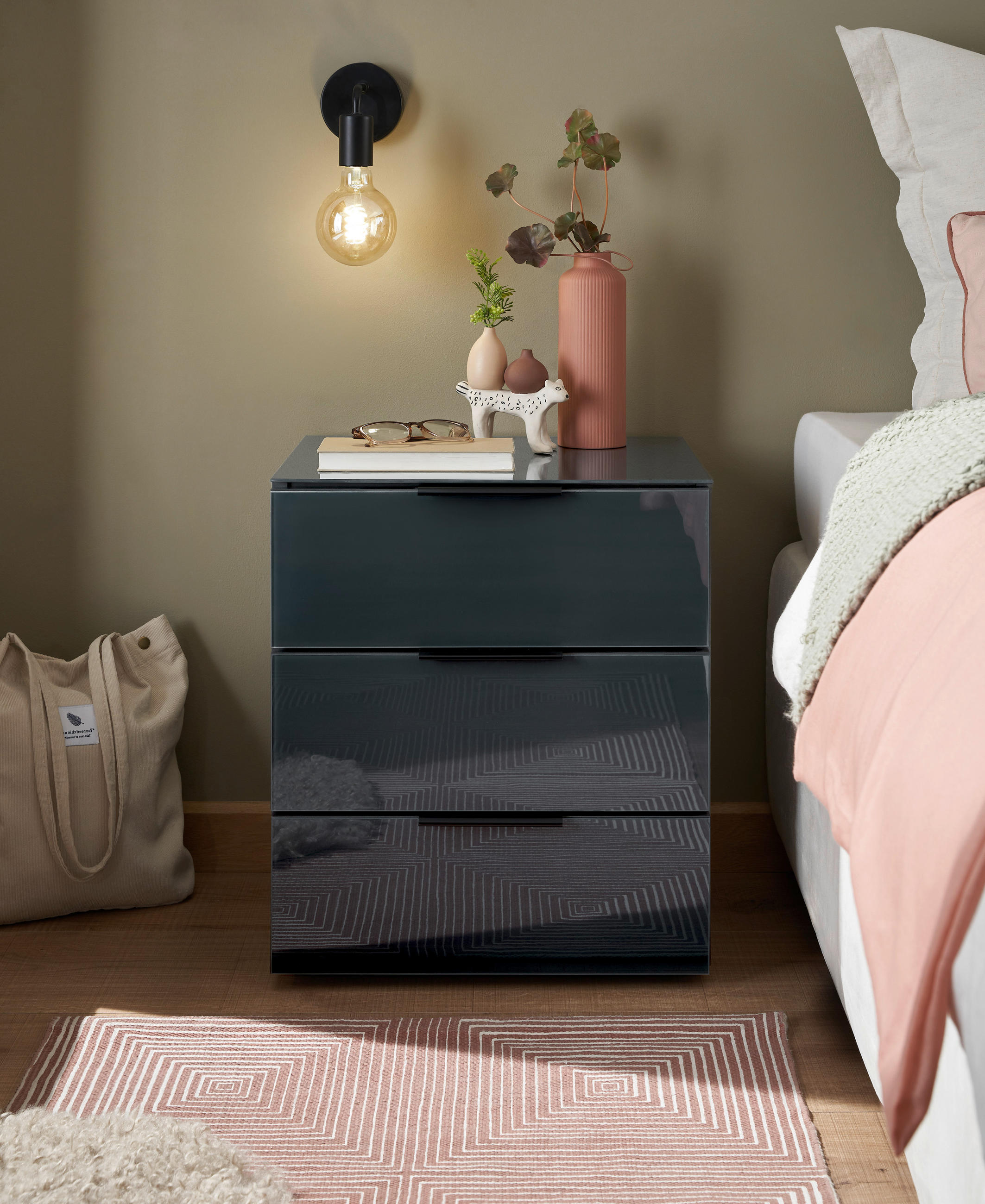NACHTSCHRANK 45,8/52,9/40 cm  - Schwarz/Graphitfarben, MODERN, Glas/Holzwerkstoff (45,8/52,9/40cm) - Livetastic