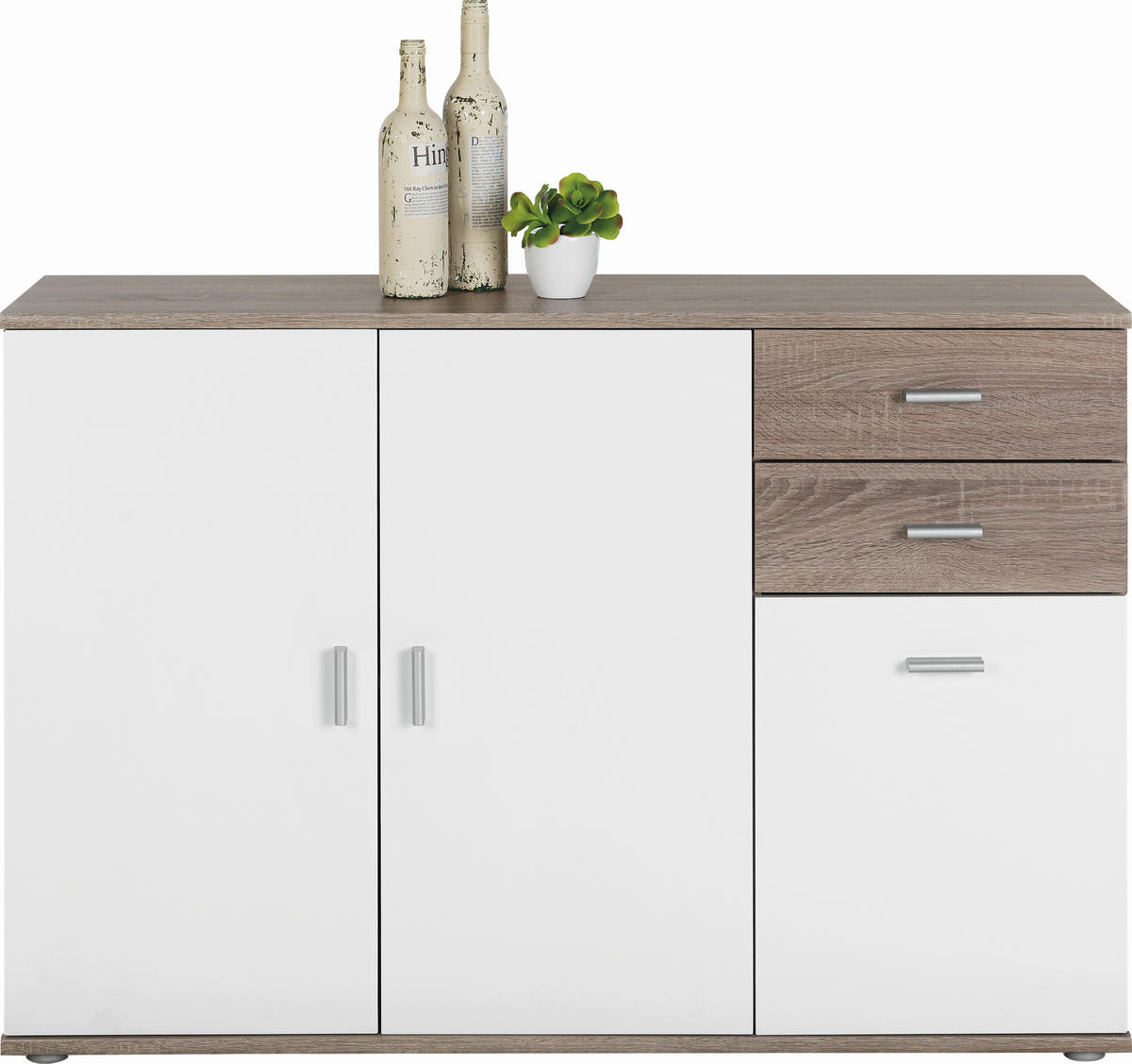 KOMODA, bela, hrast sonoma  - srebrne barve/bela, Design, umetna masa/leseni material (120/82/35cm) - Boxxx