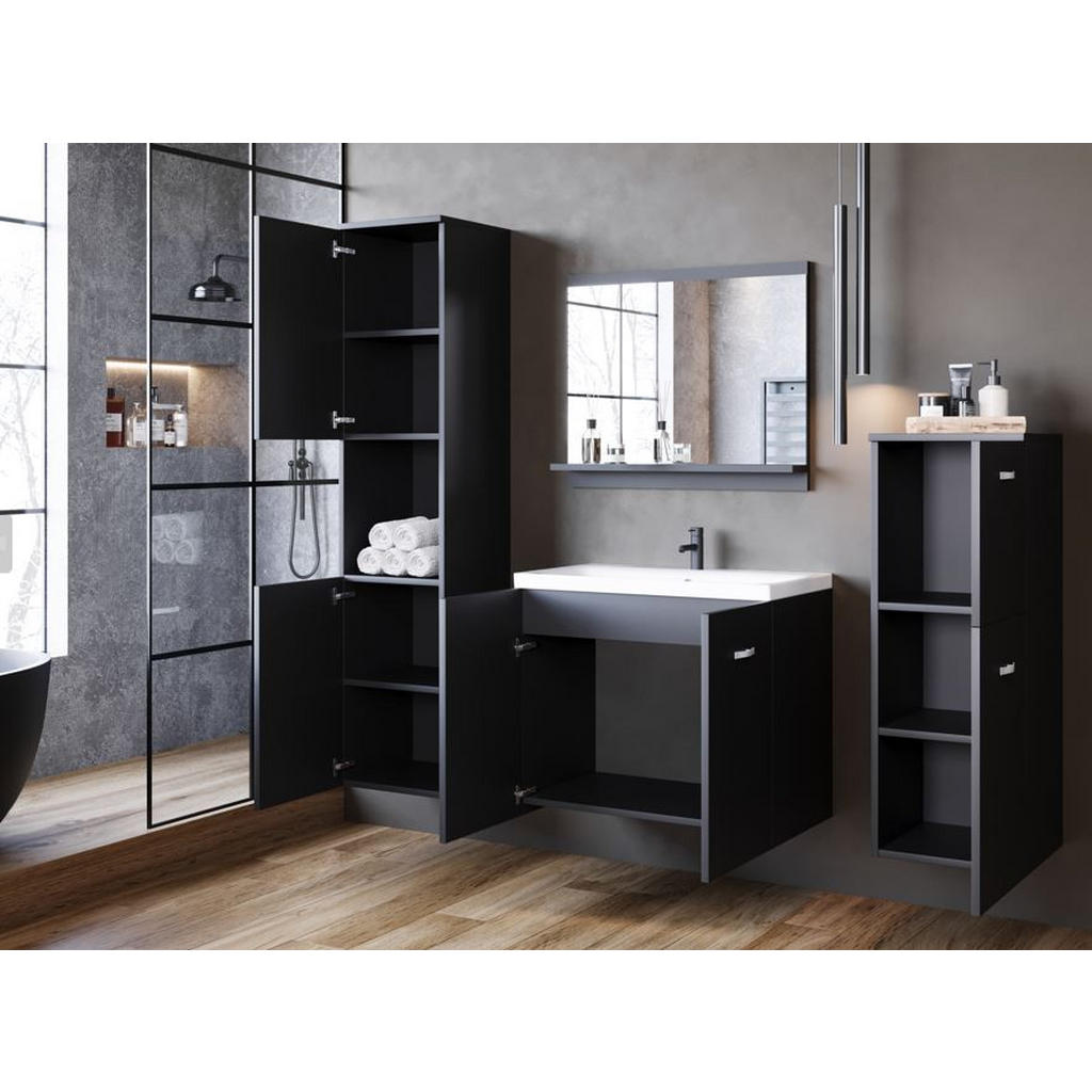 Thumbnail - P & B Badezimmer, Schwarz, Metall, 5-teilig, 6 Fächer, 120 cm, Fsc, hängend, Spiegel mit Ablage, Badezimmer, Badmöbelset...