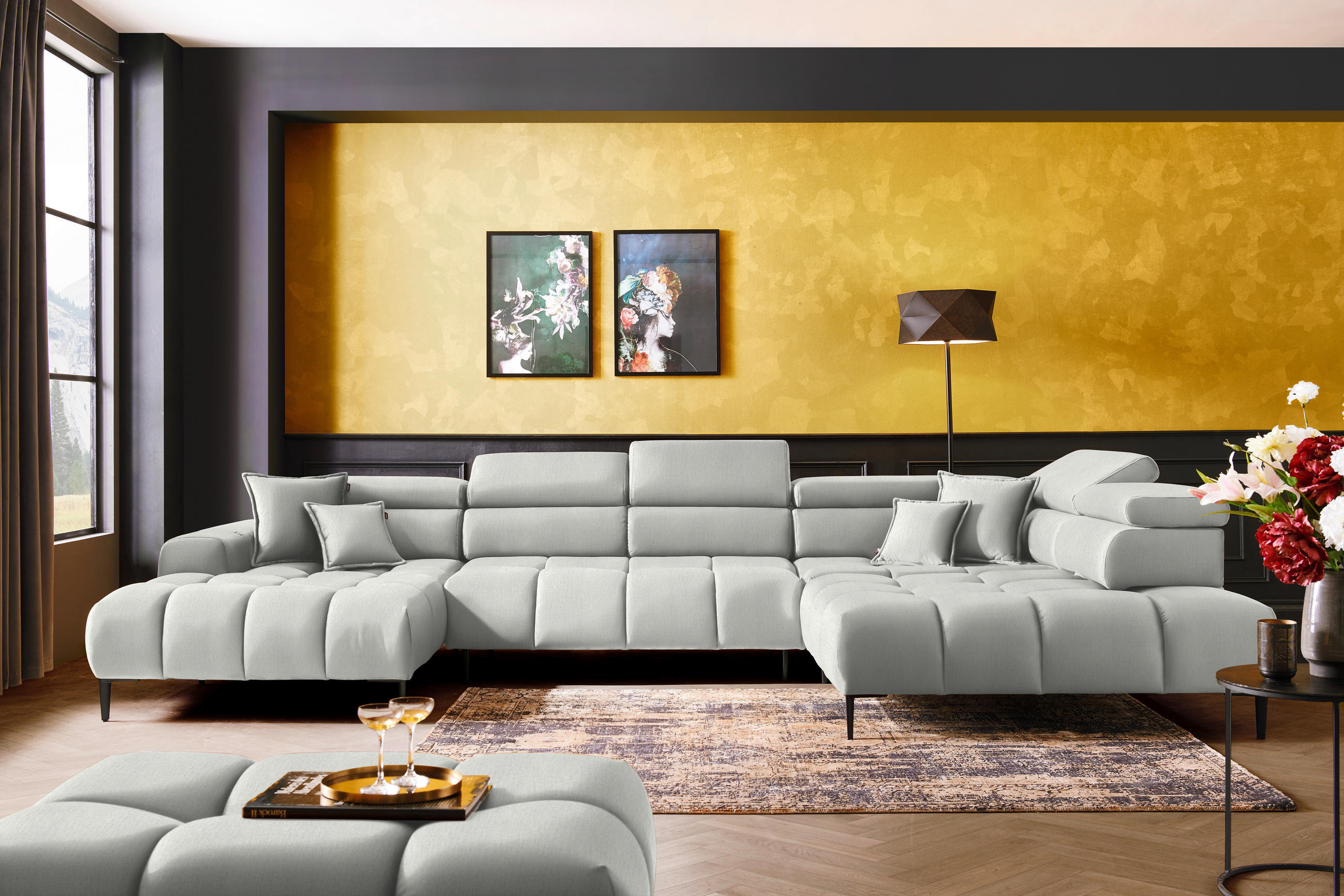 WOHNLANDSCHAFT Creme Samt, Webstoff  - Creme/Schwarz, Design, Textil/Metall (177/385/216cm) - Welnova