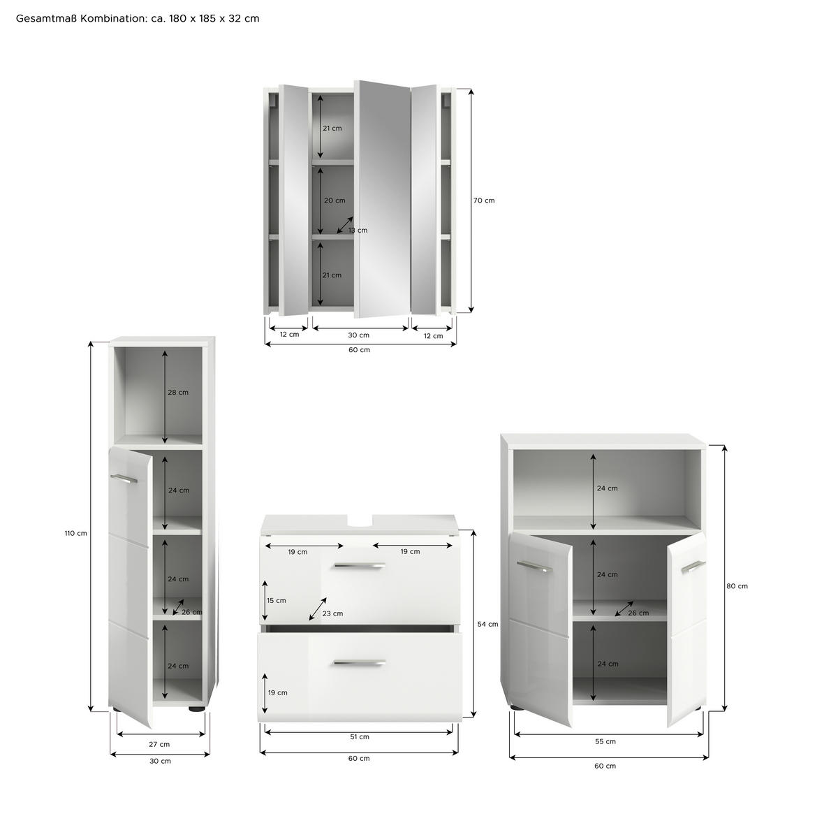 BADEZIMMER 4-teilig  in 150 cm  - Weiß Hochglanz/Silberfarben, MODERN, Glas/Holzwerkstoff (150cm) - MID.YOU