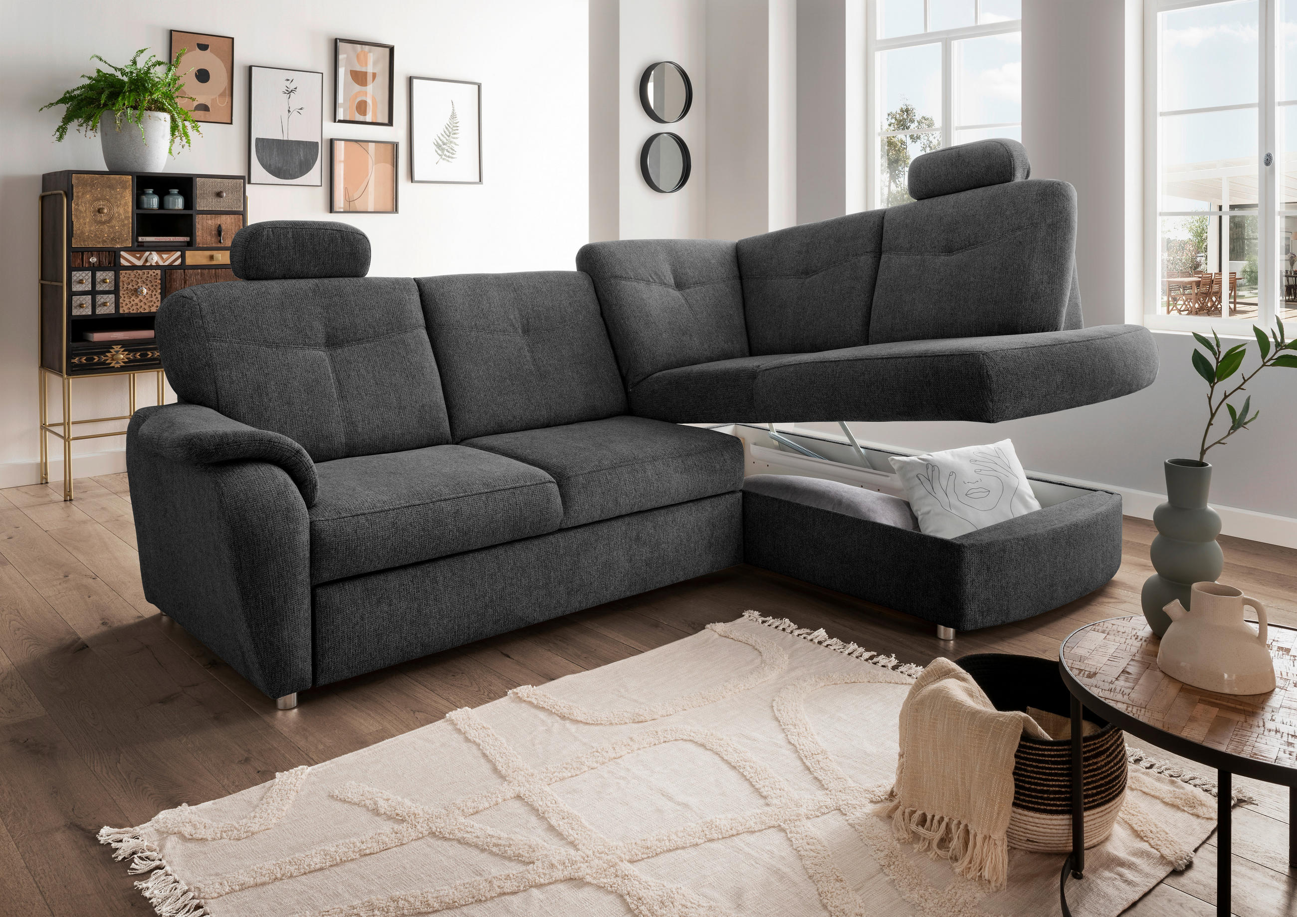 ECKSCHLAFSOFA Chenille Anthrazit  - Chromfarben/Anthrazit, MODERN, Kunststoff/Textil (264/180cm) - Livetastic