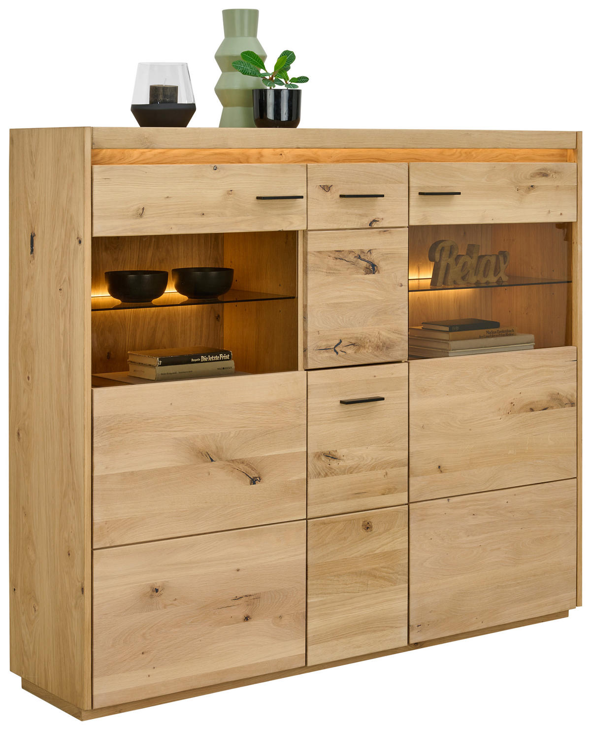 HIGHBOARD Eichefarben  153,8/133,5/37 cm  - Eichefarben/Schwarz, Natur, Glas/Holz (153,8/133,5/37cm) - Linea Natura