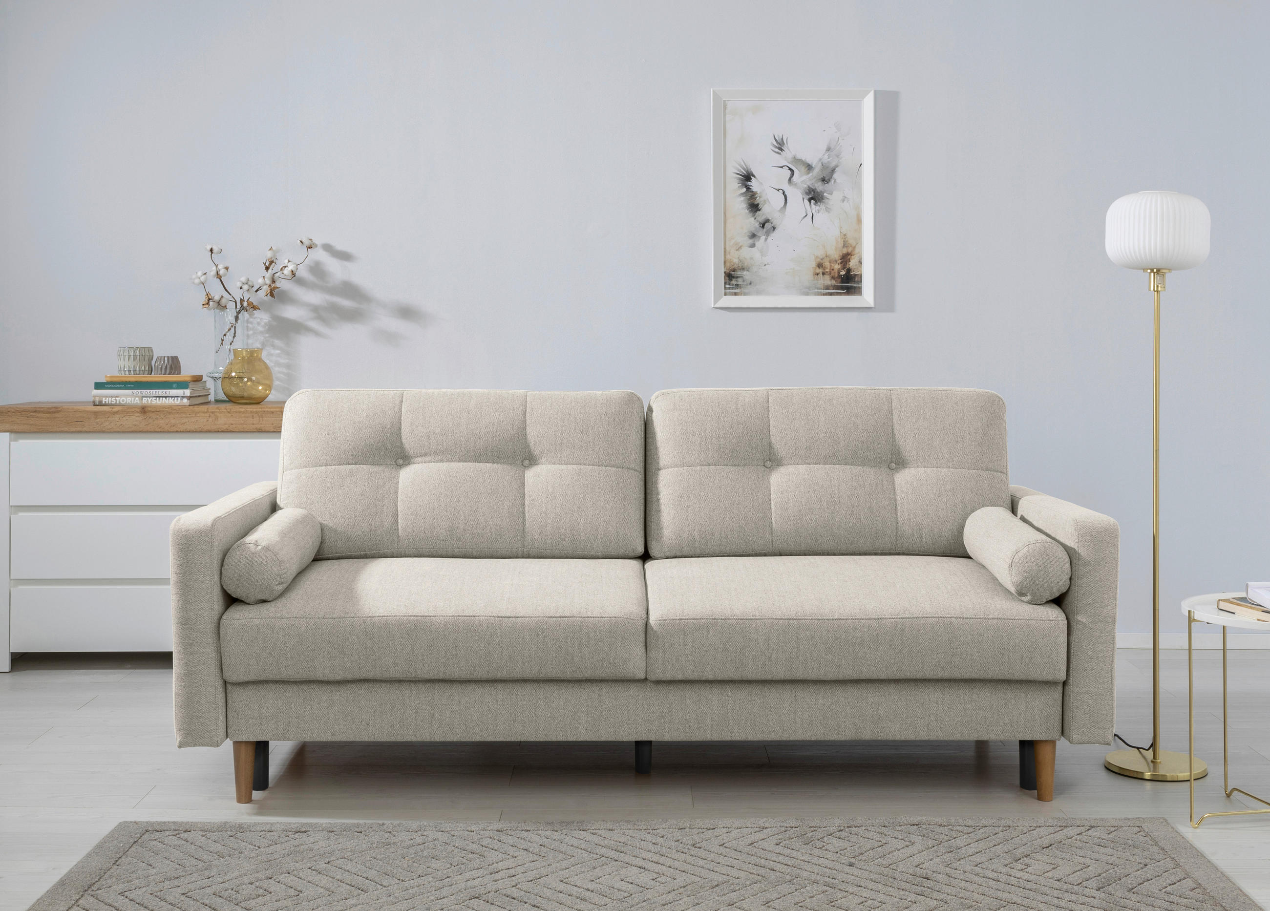 SCHLAFSOFA Noret Hellgrau  inkl. Rückenkissen, Armlehnenkissen, Bettkasten, Schlaffunktion  - Buchefarben/Hellgrau, Design, Holz/Textil (222/93/99cm) - MID.YOU