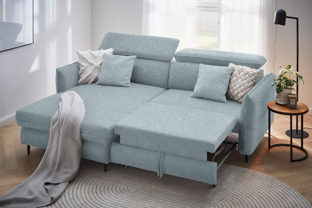 ECKSOFA inkl. Funktionen Graublau Flachgewebe  - Graublau/Schwarz, Design, Holz/Textil (185/232cm) - Stylife