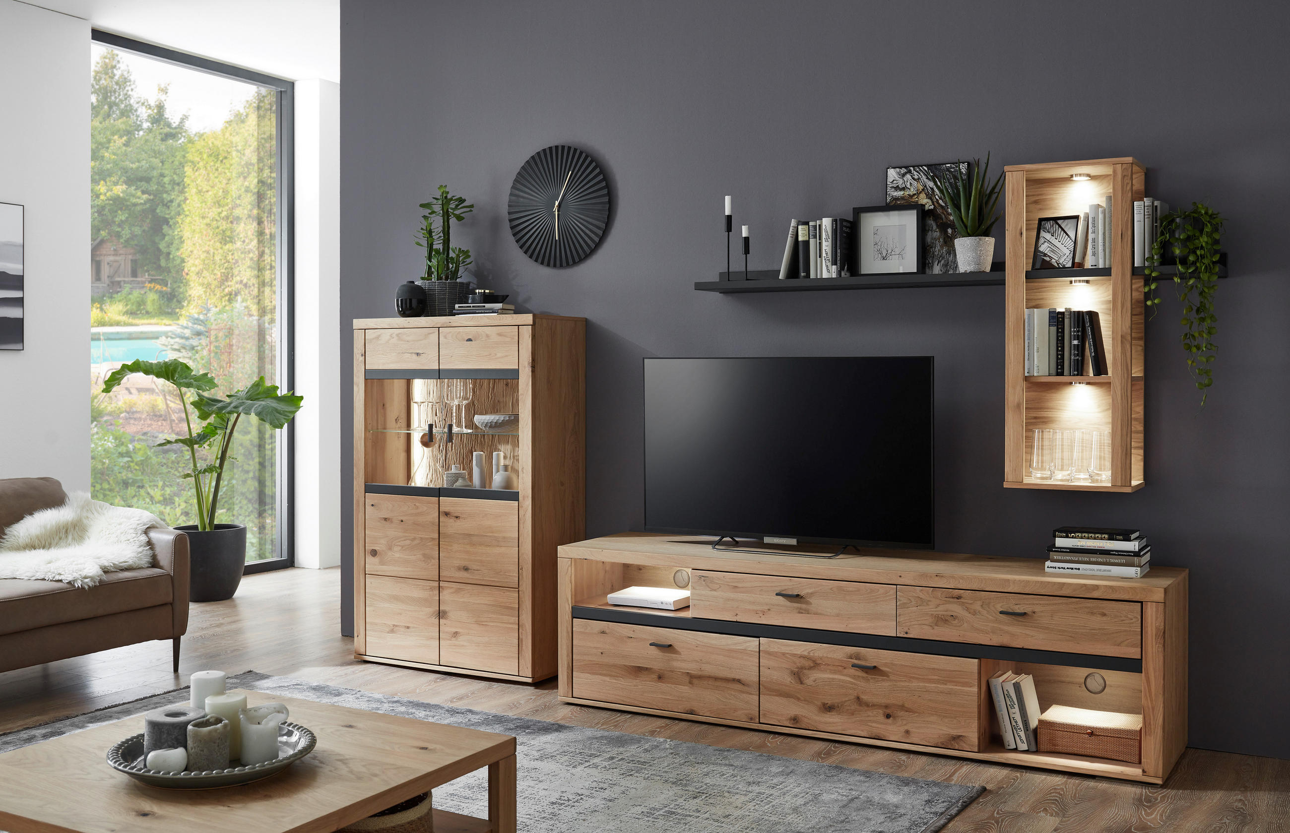 WOHNWAND  in Grau, Eichefarben  320,2/189,3/50,2 cm  - Eichefarben/Grau, Design, Glas/Holz (320,2/189,3/50,2cm) - Modante