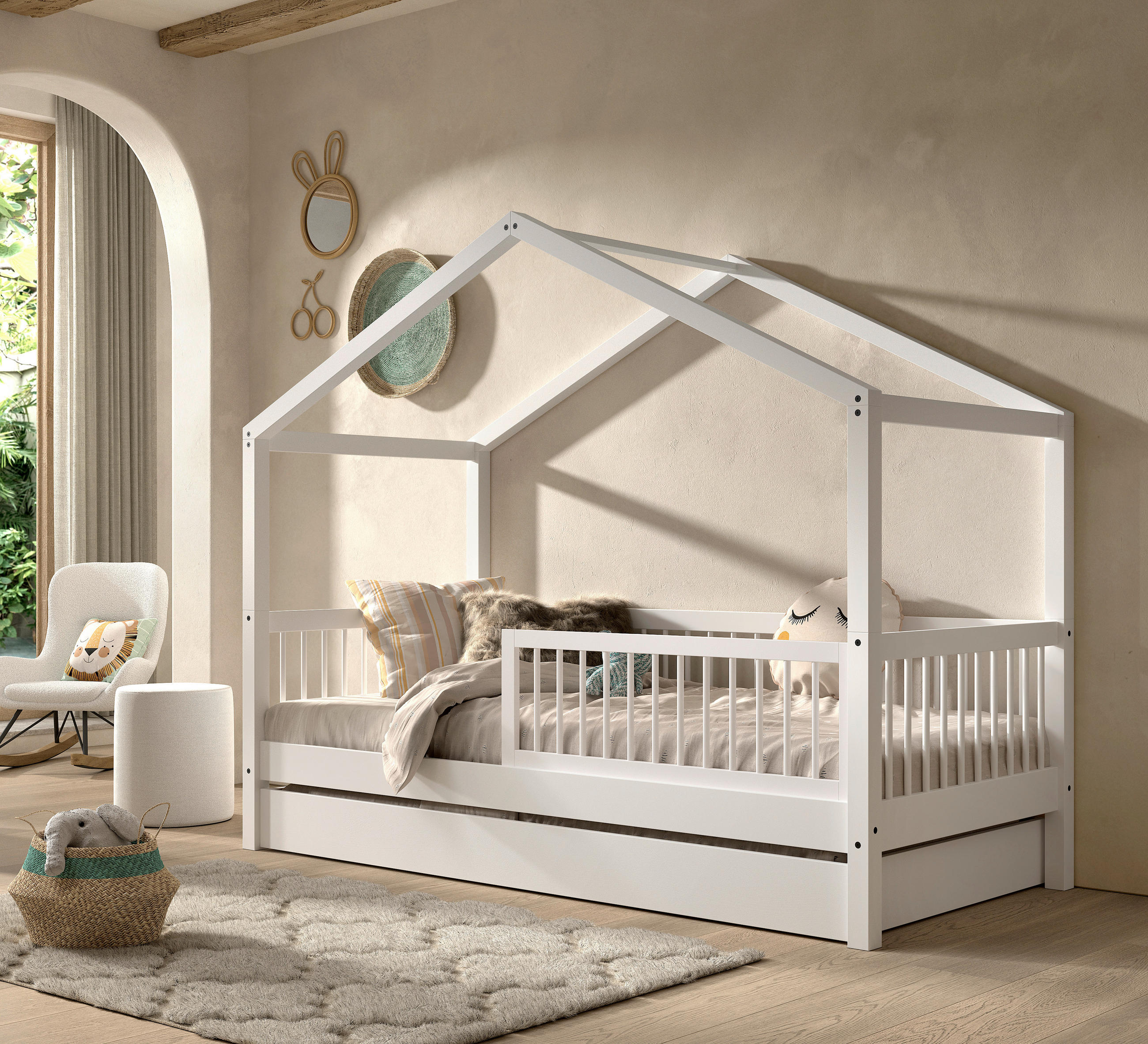 HAUSBETT Absturzsicherung, Rollrost, Bettschublade 90/200 cm  in Weiß  - Naturfarben/Weiß, MODERN, Holz (90/200cm) - MID.YOU