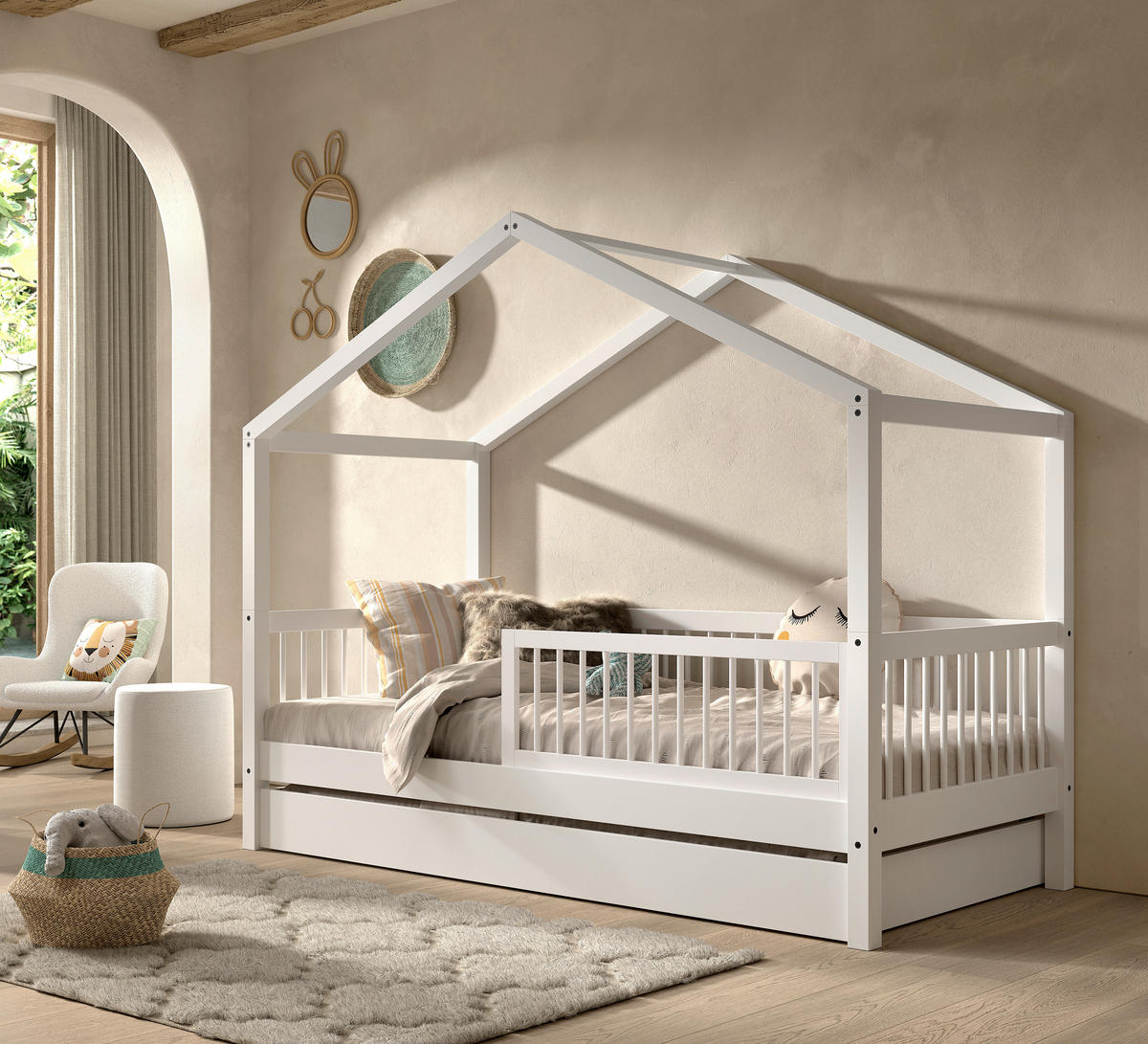 HAUSBETT Absturzsicherung, Rollrost, Bettschublade 90/200 cm  - Naturfarben/Weiß, MODERN, Holz (90/200cm) - MID.YOU