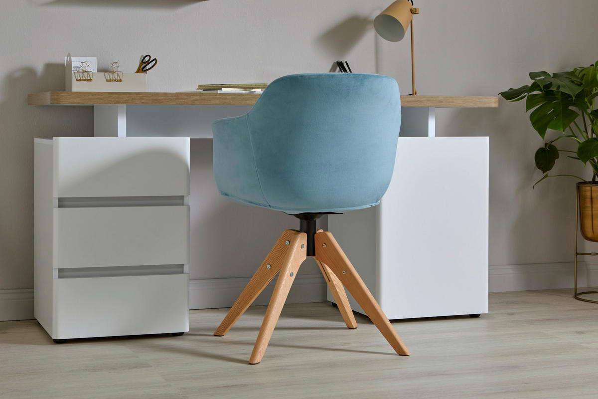 ARMLEHNSTUHL Samt Eichefarben, Hellblau Eukalyptusholz massiv  - Eichefarben/Hellblau, MODERN, Holz/Kunststoff (56,5/59/79cm) - Livetastic
