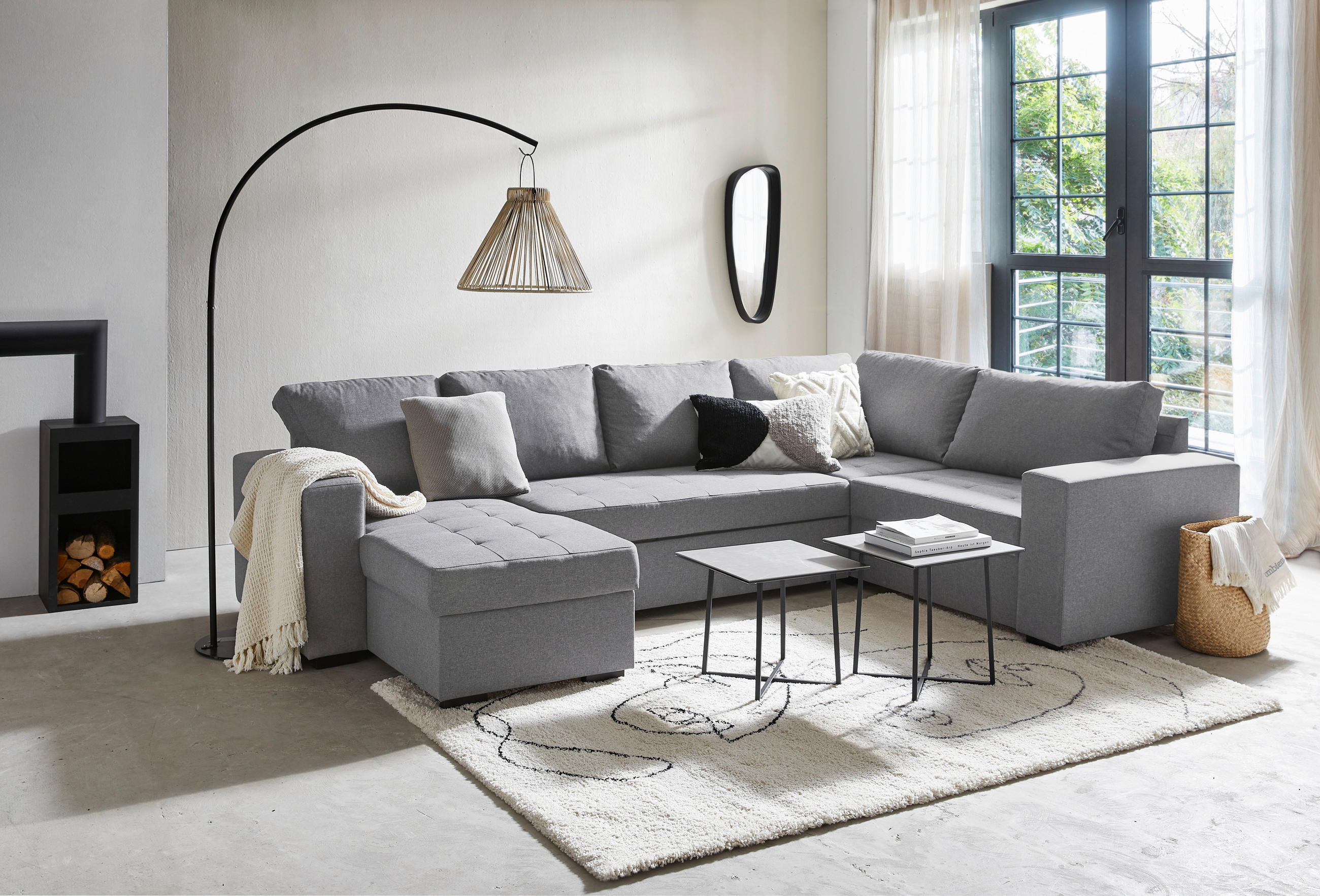 WOHNLANDSCHAFT Grau Webstoff  - Schwarz/Grau, KONVENTIONELL, Kunststoff/Textil (157/313/207cm) - Ti'me
