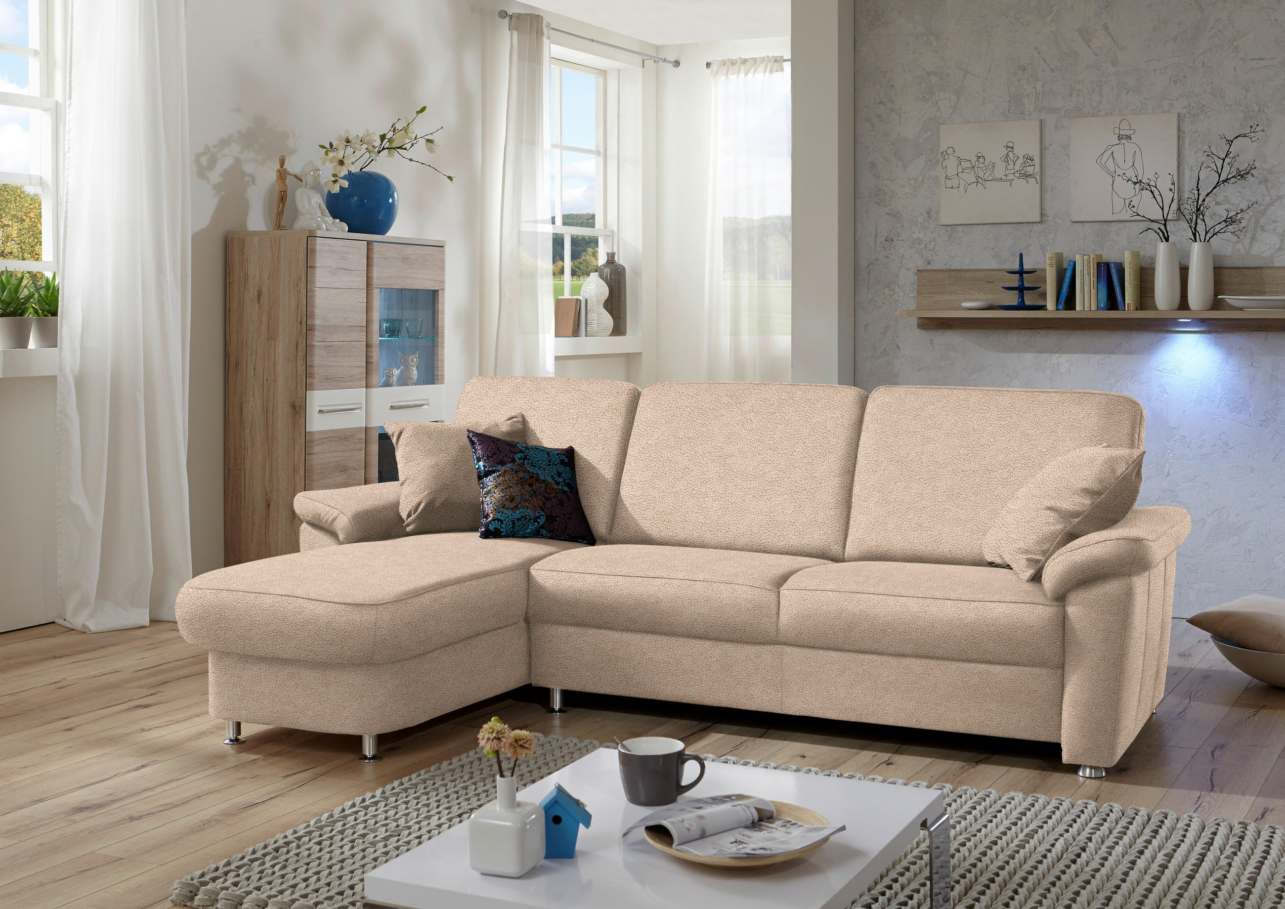 ECKSOFA in Flachgewebe Beige  - Chromfarben/Beige, Konventionell, Textil/Metall (163/250cm) - Beldomo System