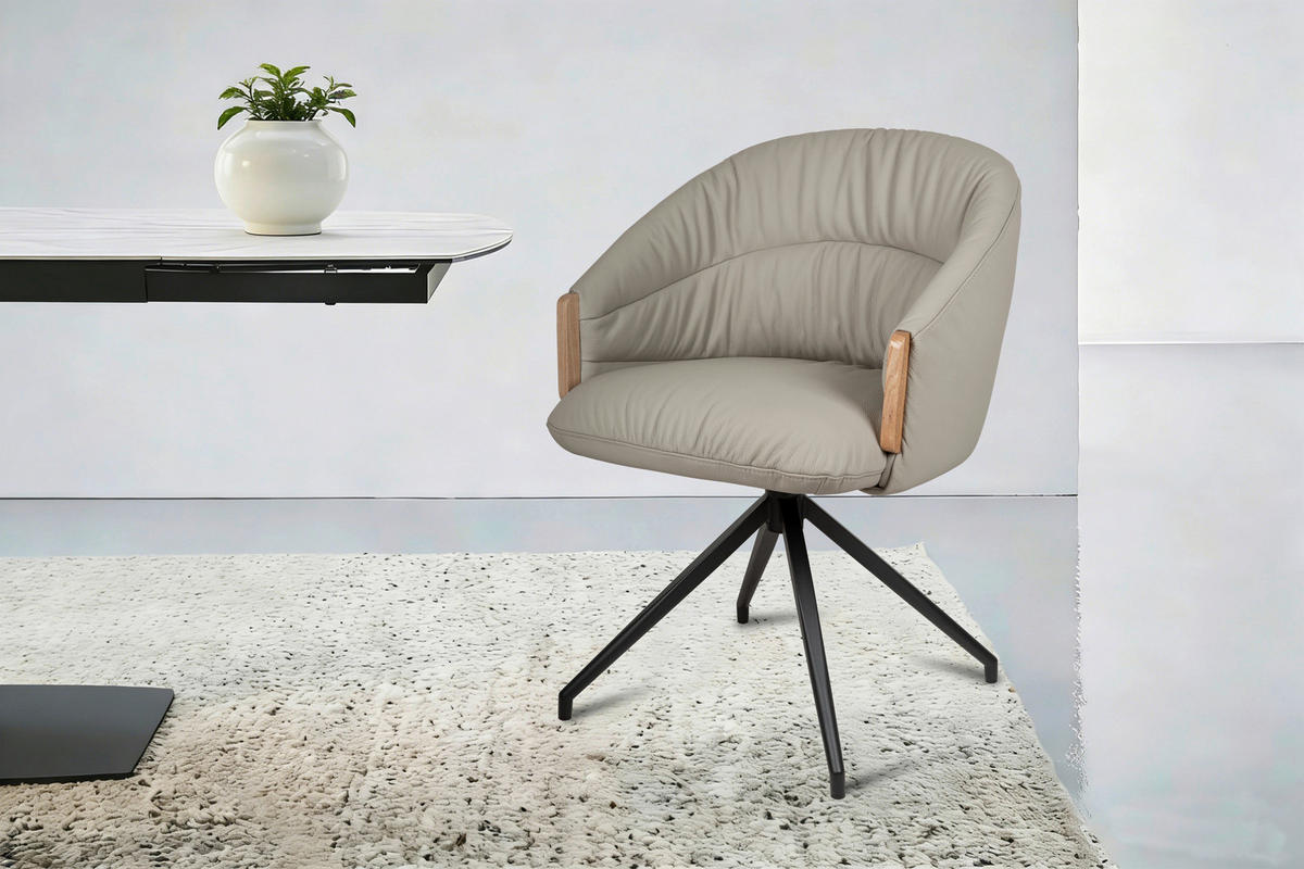 ARMLEHNSTUHL  Sitzfläche 360° drehbar, automatische Rückholfunktion  Echtleder  - Beige/Schwarz, Design, Leder/Holz (61/84/62cm) - Valnatura