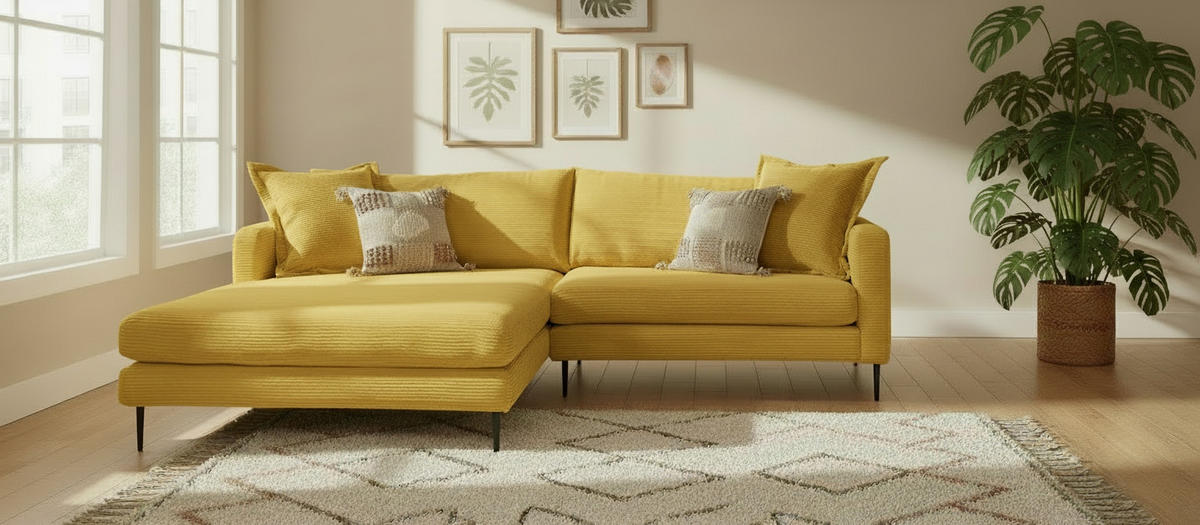 ECKSOFA Cord Senfgelb  - Senfgelb/Schwarz, Design, Textil/Metall (193/268cm) - P & B