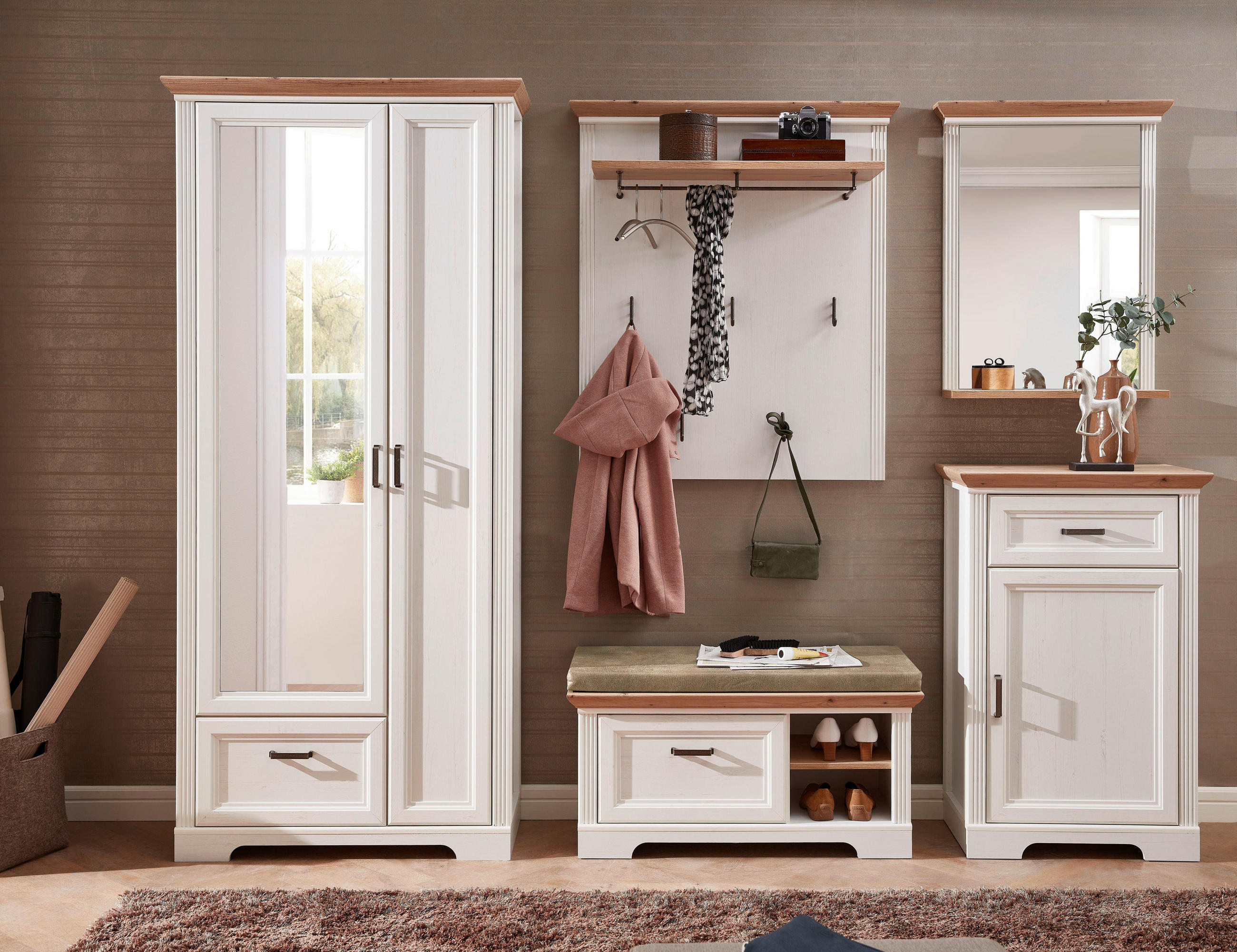 GARDEROBENBANK Eichefarben, Pinienfarben - Eichefarben/Beige, ROMANTIK / LANDHAUS, Textil/Metall (93/49/41cm) - Landscape