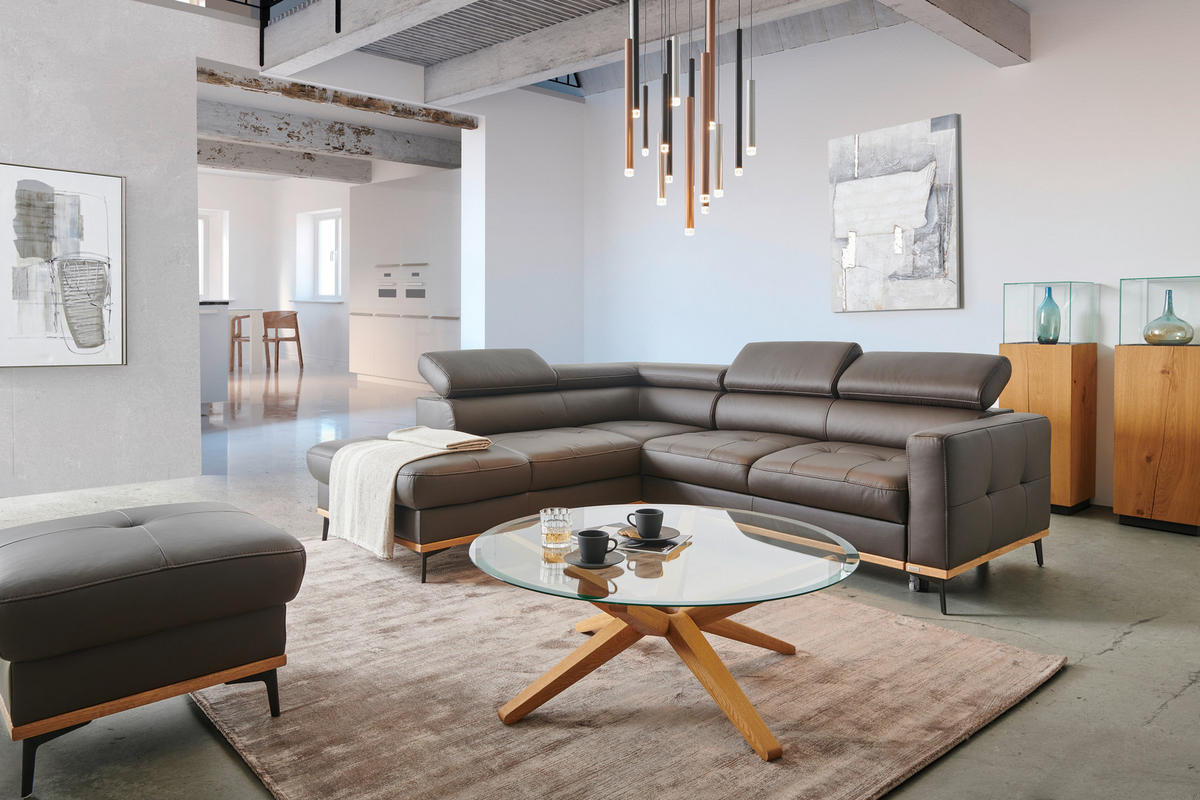 ECKSOFA in Echtleder Dunkelbraun  - Dunkelbraun/Schwarz, Design, Leder/Holz (220/252cm) - Novel