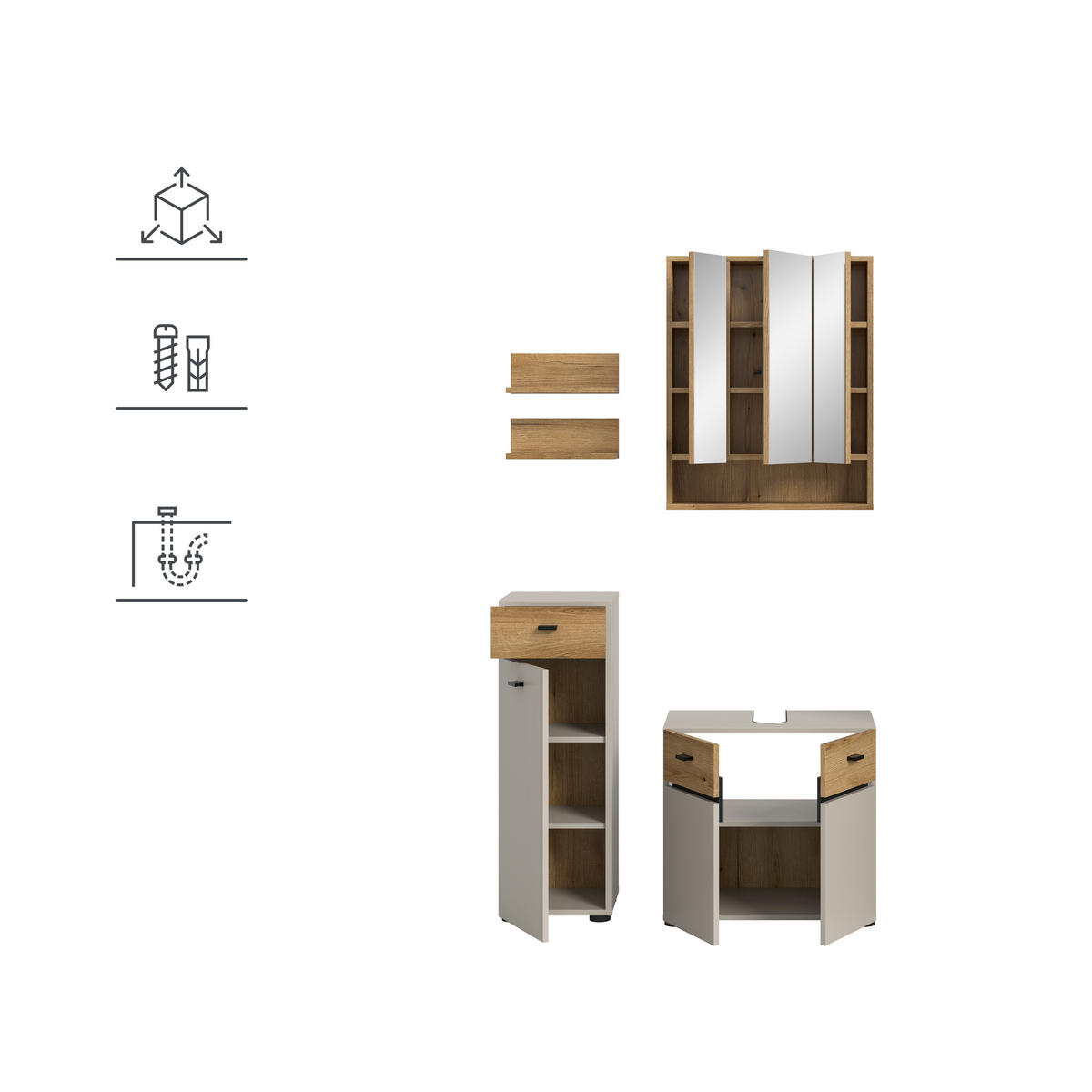 BADEZIMMER 4-teilig  in 92 cm  - Kaschmir/Eichefarben, Trend, Glas/Holzwerkstoff (92cm) - MID.YOU