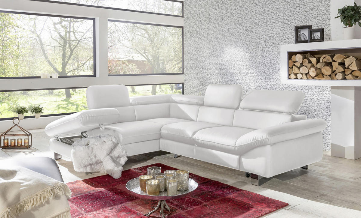 WOHNLANDSCHAFT Weiß Lederlook  - Chromfarben/Weiß, MODERN, Textil/Metall (214/266cm) - MID.YOU