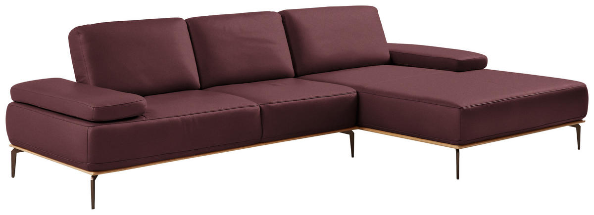 ECKSOFA in Echtleder Bordeaux  - Bordeaux/Bronzefarben, Design, Leder/Holz (314/176cm) - Valnatura