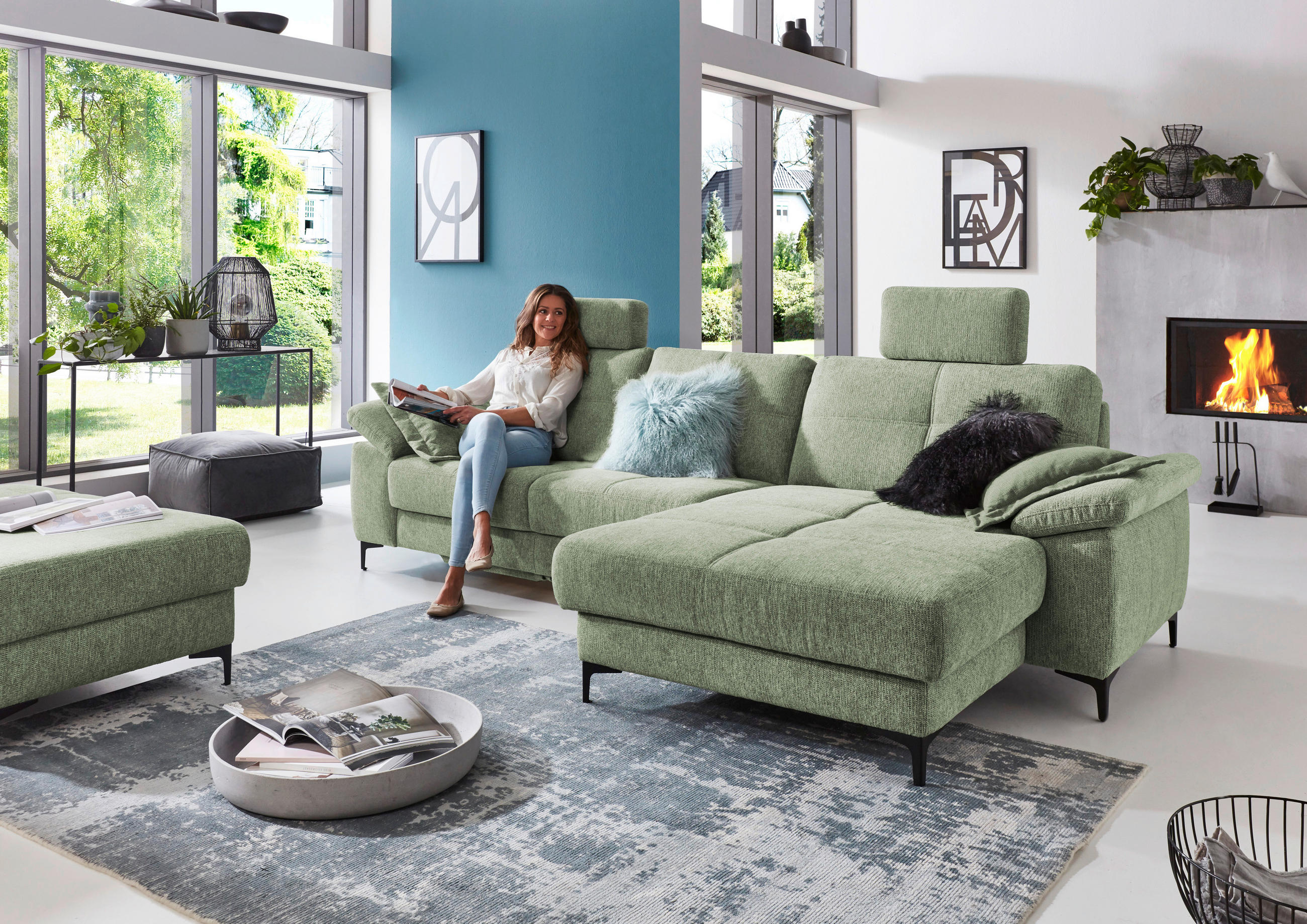 SJEDEĆA GARNITURA drvni materijal, tekstil  zelena   - zelena/boje kroma, Konvencionalno, drvni materijal/tekstil (296/87/162cm) - Pure Home Comfort