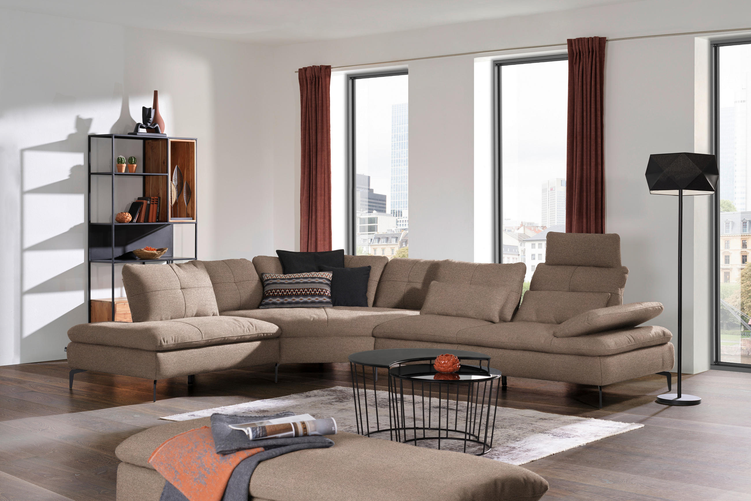 ECKSOFA in Flachgewebe Graubraun  - Graubraun/Schwarz, Design, Textil/Metall (271/344cm) - Chilliano