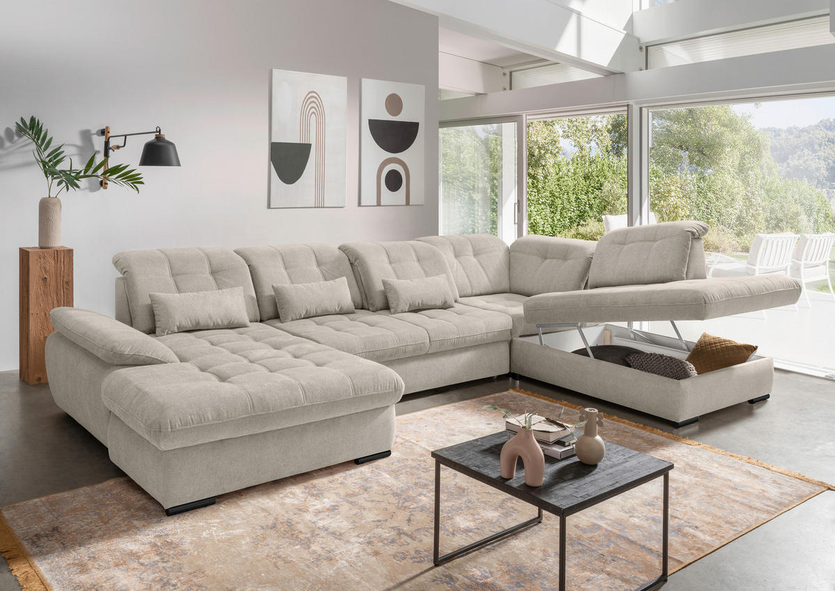 WOHNLANDSCHAFT in Chenille Beige  - Beige/Schwarz, Modern, Textil/Metall (184/387/252cm) - Livetastic