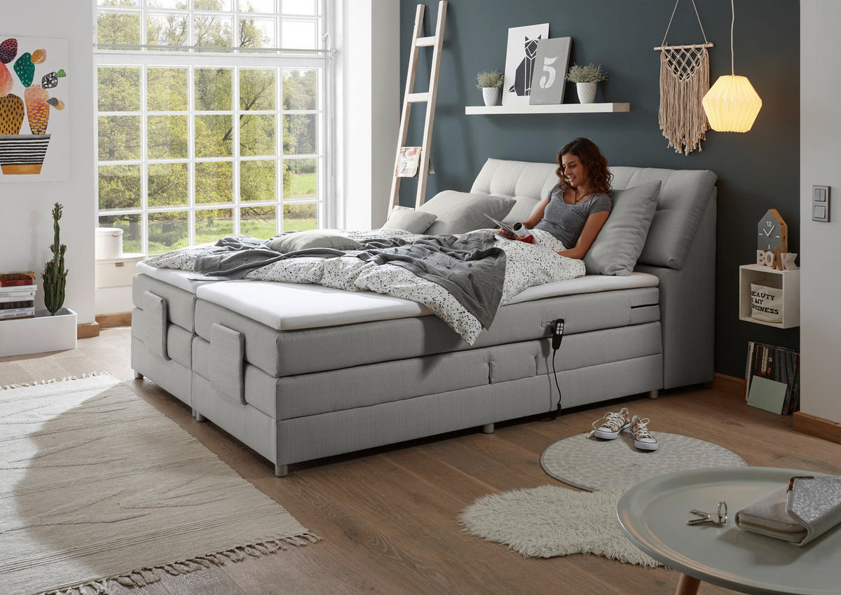 BOXSPRINGBETT 180/200 cm,  in Silberfarben, Matratze, Bettkasten, Topper, motorische Verstellbarkeit, H2 = mittel  - Silberfarben, Design, Kunststoff/Textil (180/200cm) - Esposa