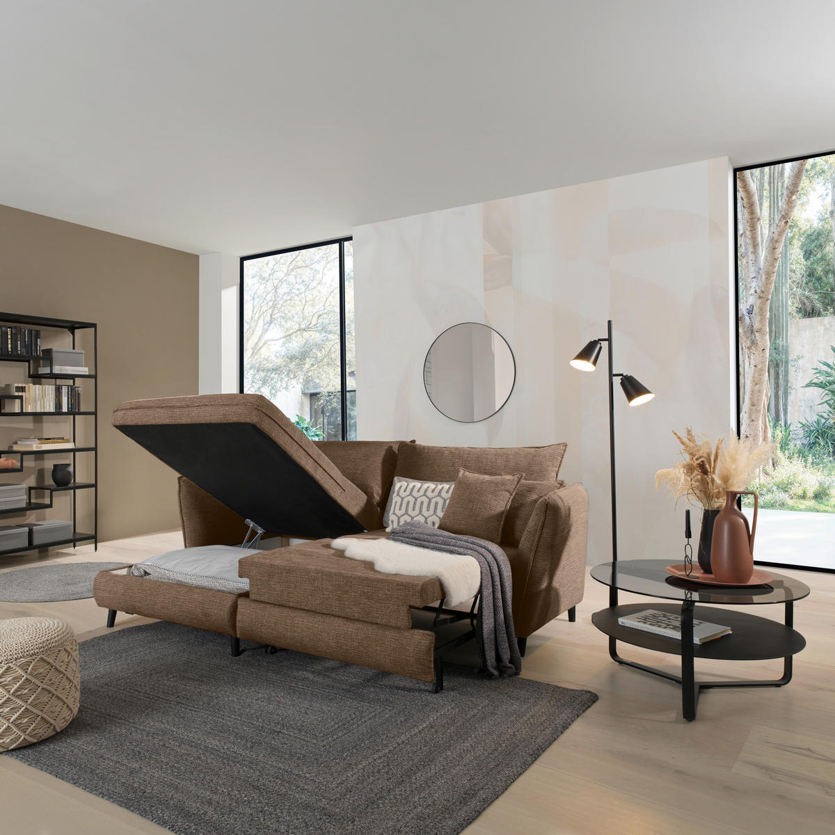 ECKSOFA inkl. Funktionen Braun Struktur  - Schwarz/Braun, Design, Holz/Textil (245/161cm) - Stylife