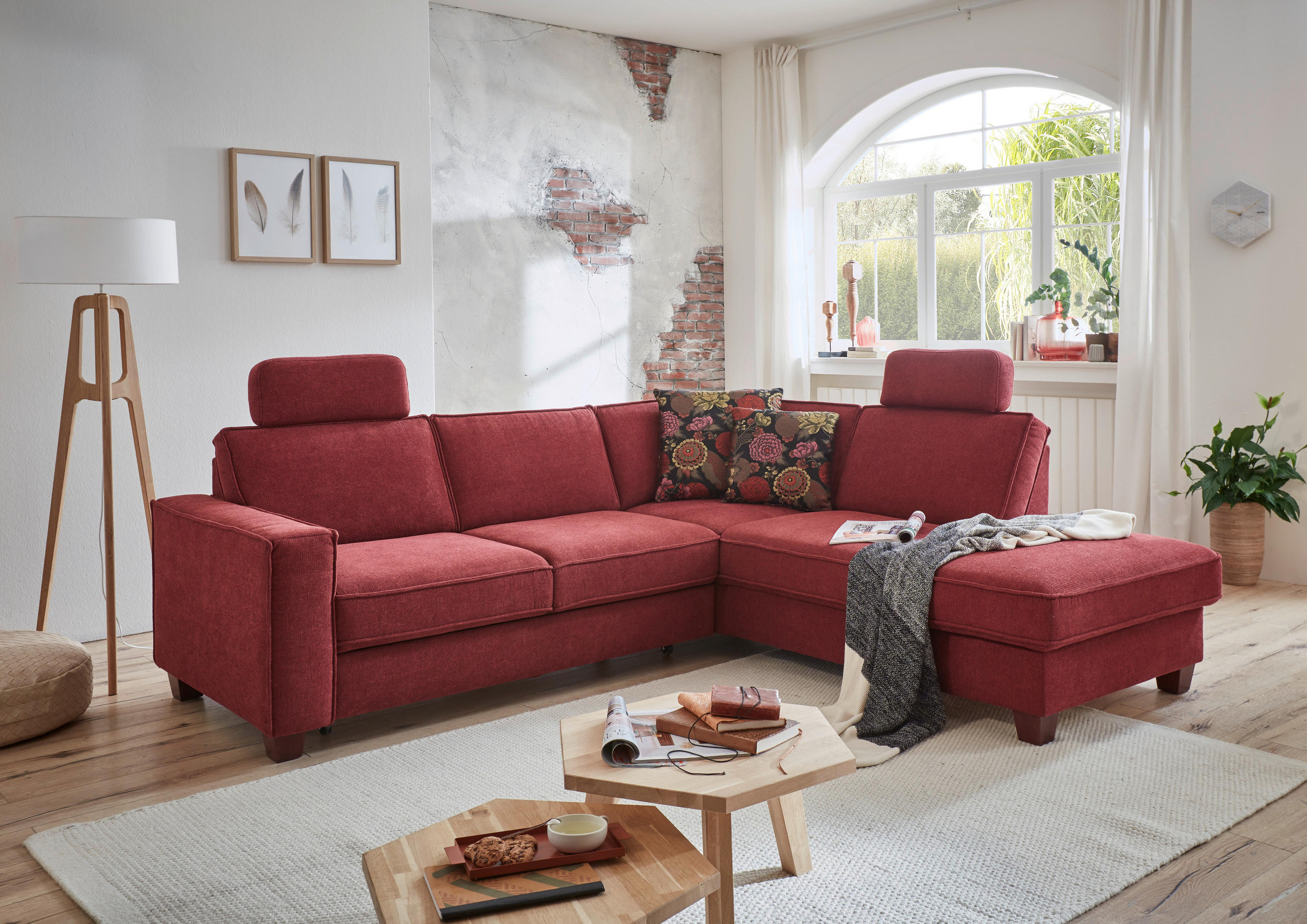 ECKSOFA in Chenille, Flachgewebe Bordeaux  - Bordeaux/Nussbaumfarben, Konventionell, Holz/Textil (236/213cm) - Sit & More
