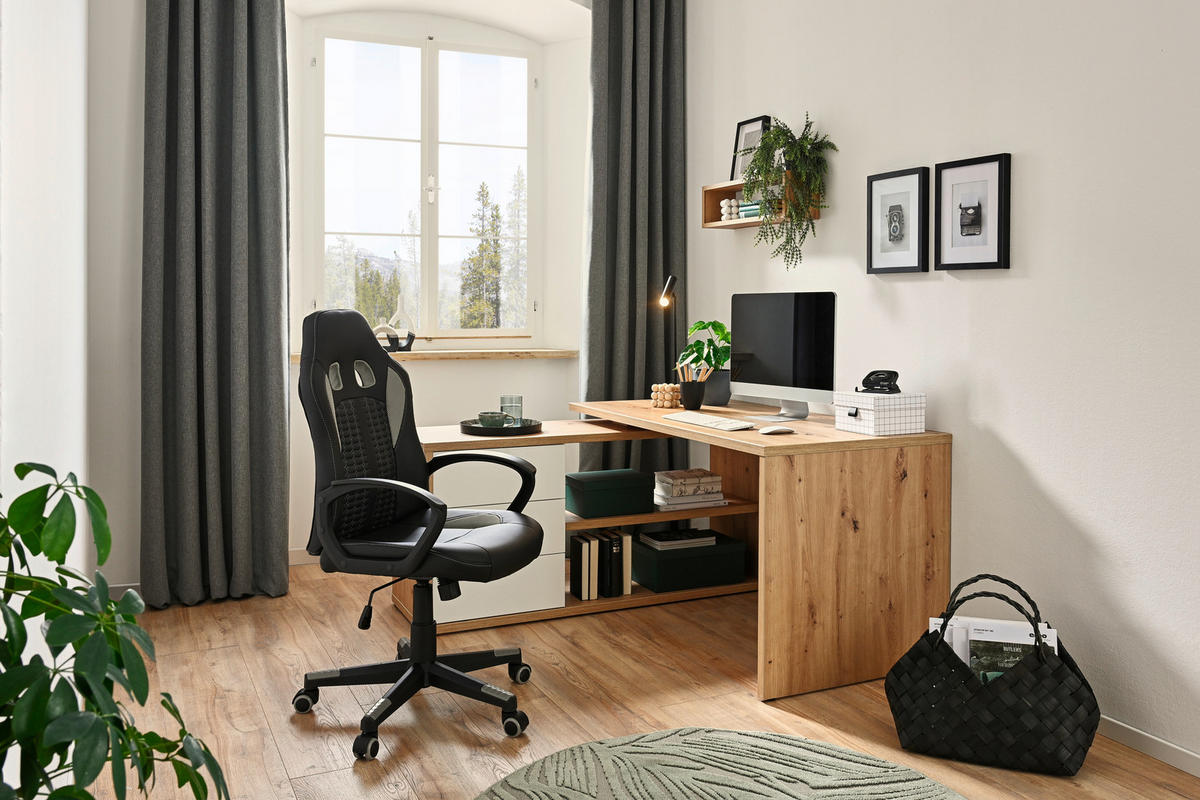 ECKSCHREIBTISCH 139/139/72 cm Eiche Artisan, Weiss Hochglanz  - Weiss Hochglanz/Eiche Artisan, Design, Holzwerkstoff (139/139/72cm) - Stylife