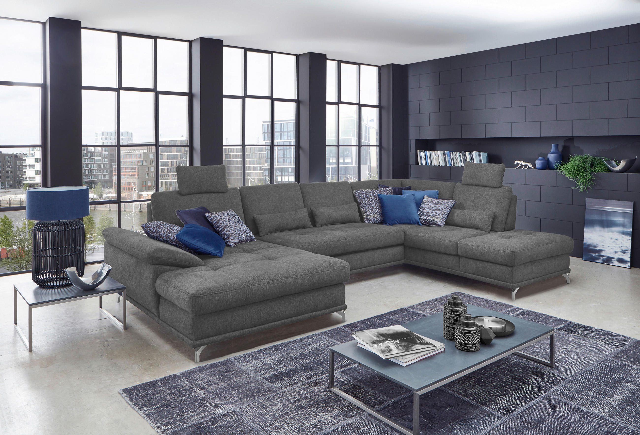 WOHNLANDSCHAFT Grau Flachgewebe  - Silberfarben/Grau, KONVENTIONELL, Textil/Metall (176/363/223cm) - Sit & More