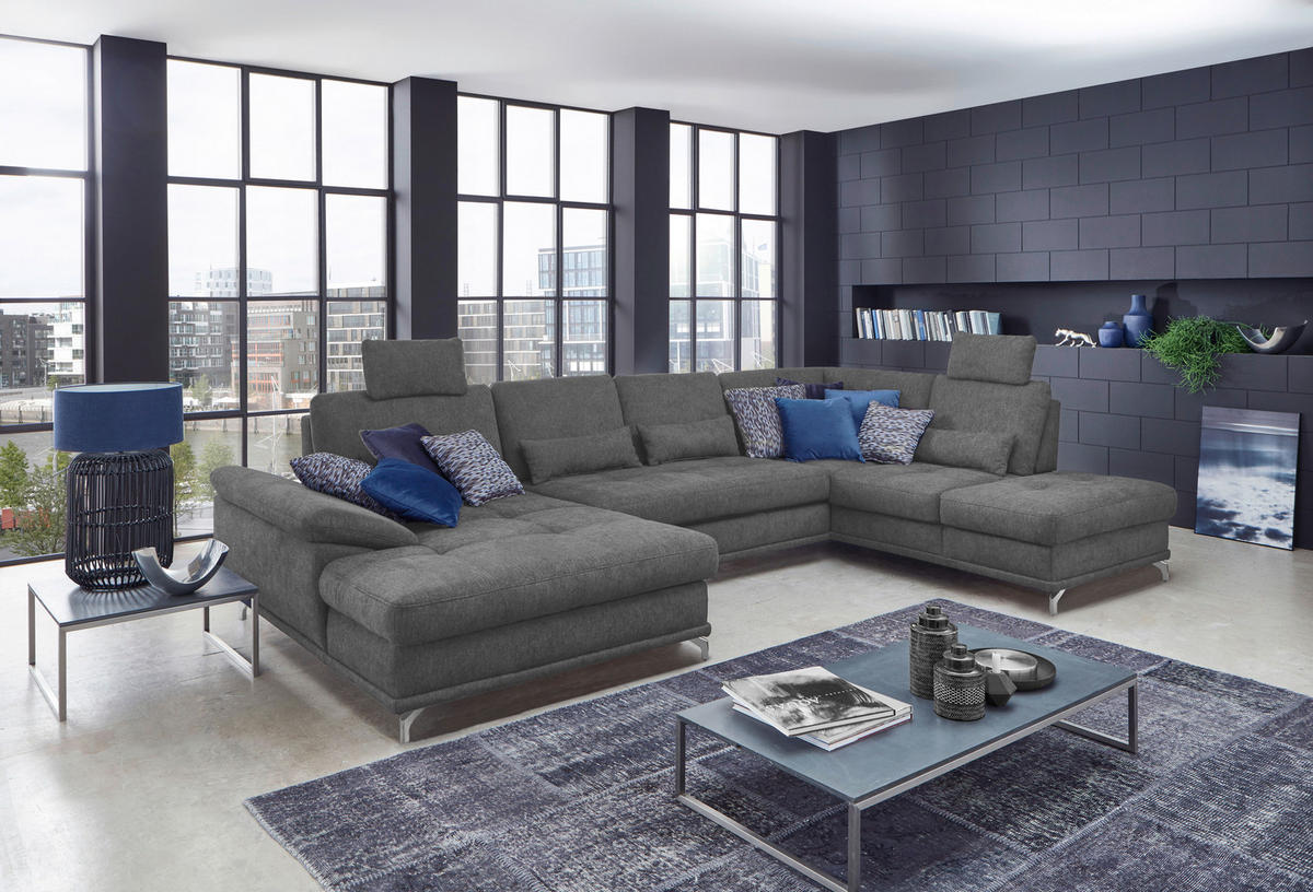 WOHNLANDSCHAFT in Flachgewebe Grau  - Silberfarben/Grau, Konventionell, Textil/Metall (176/363/223cm) - Sit & More