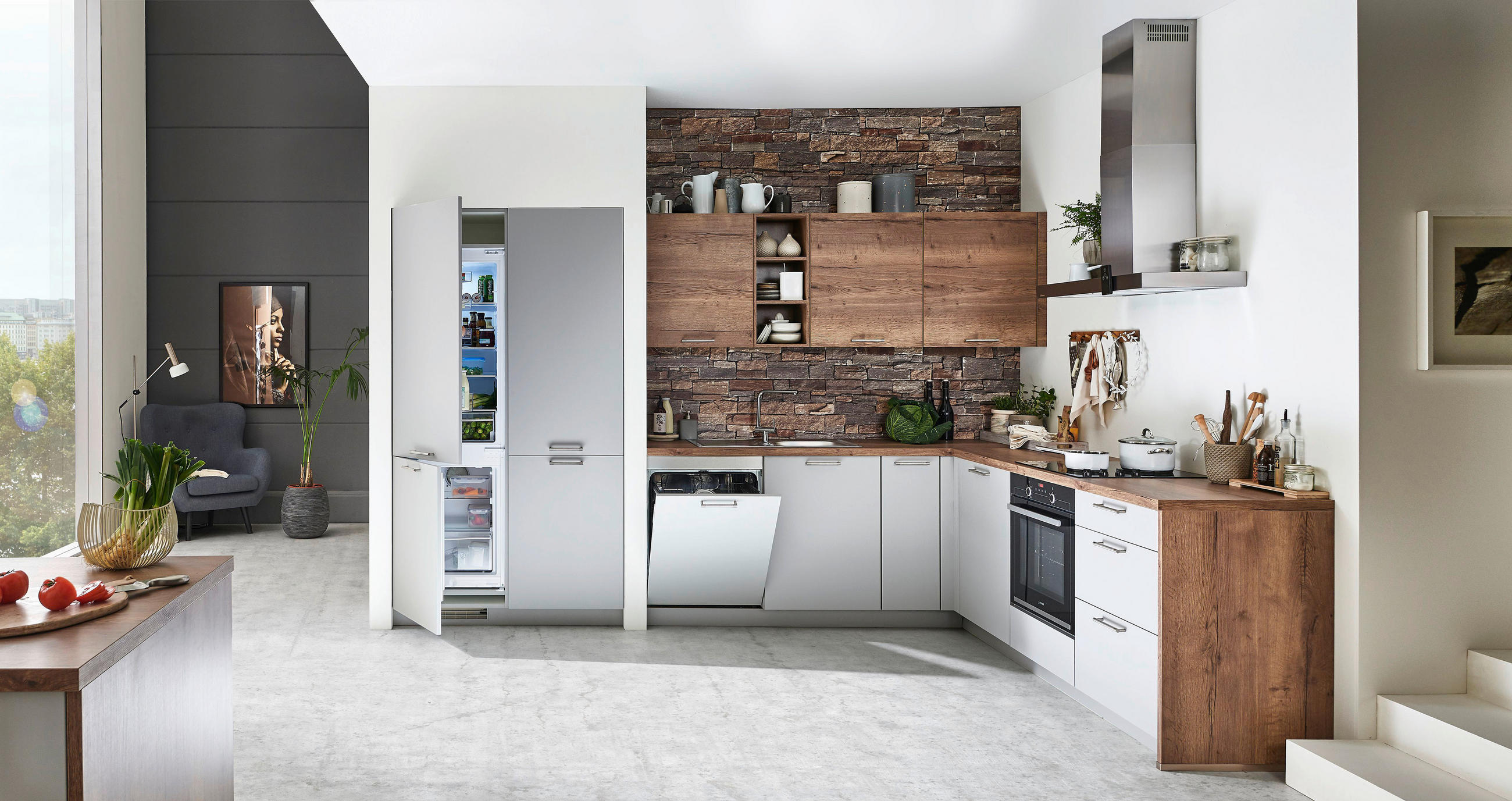 EINBAUKÜCHE   - Eichefarben/Grau, Design, Holzwerkstoff - Celina