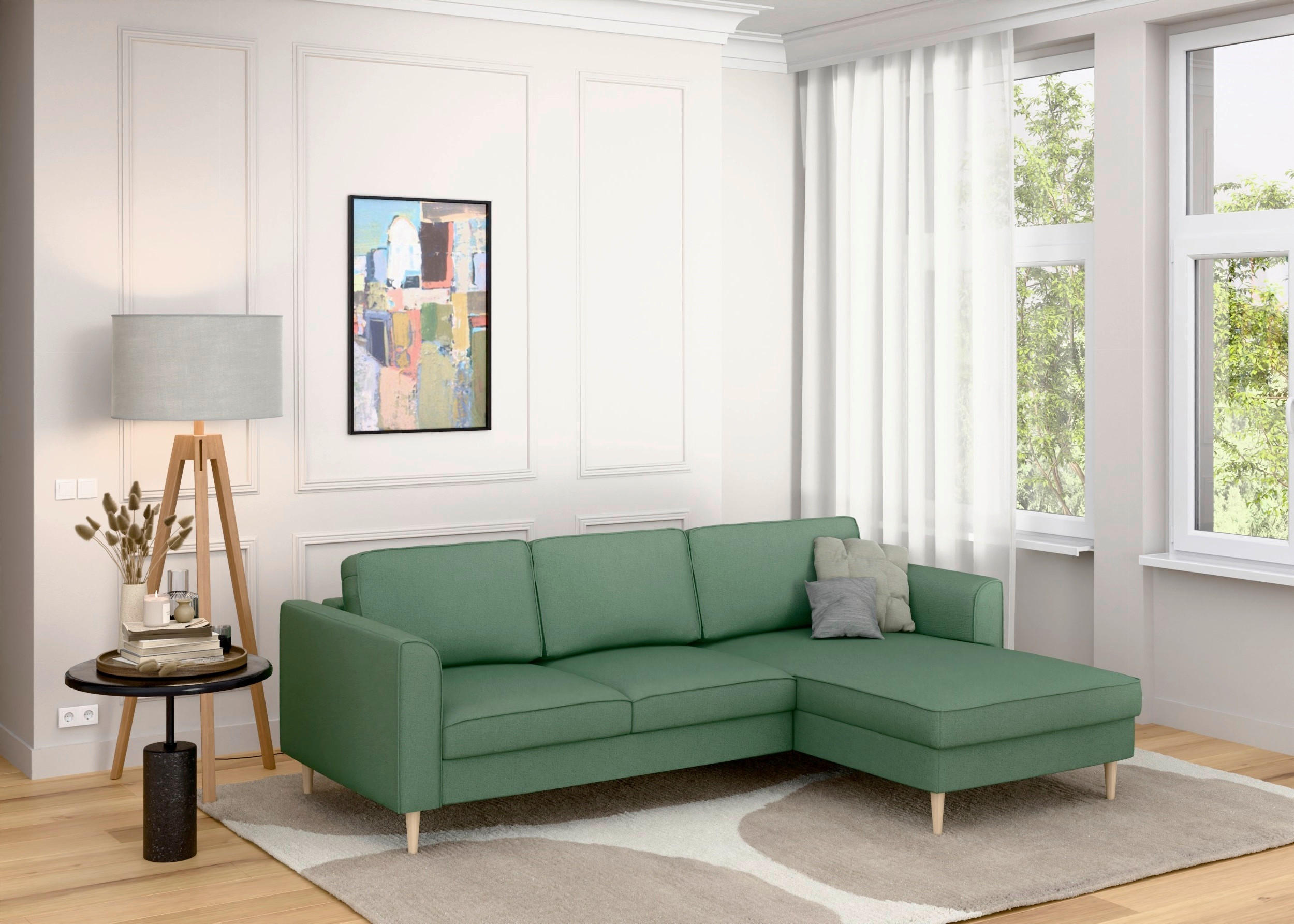 ECKSCHLAFSOFA in Struktur Dunkelgrün  - Dunkelgrün/Buchefarben, MODERN, Holz/Textil (232/161cm) - Trendmanufaktur