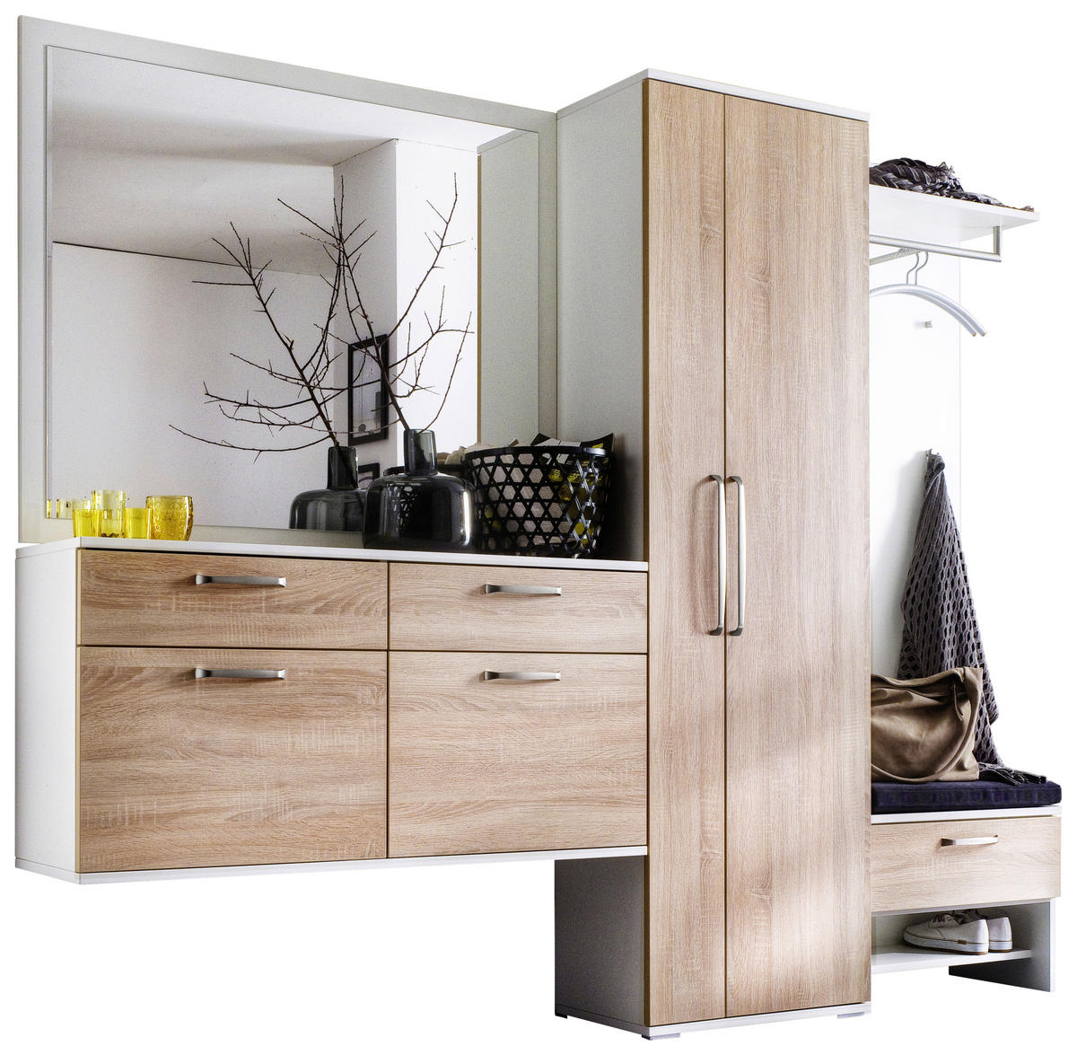 GARDEROBE 6-teilig  in 242/201/36 cm  - Weiss/Eichefarben, Design, Glas/Holzwerkstoff (242/201/36cm) - Moderano